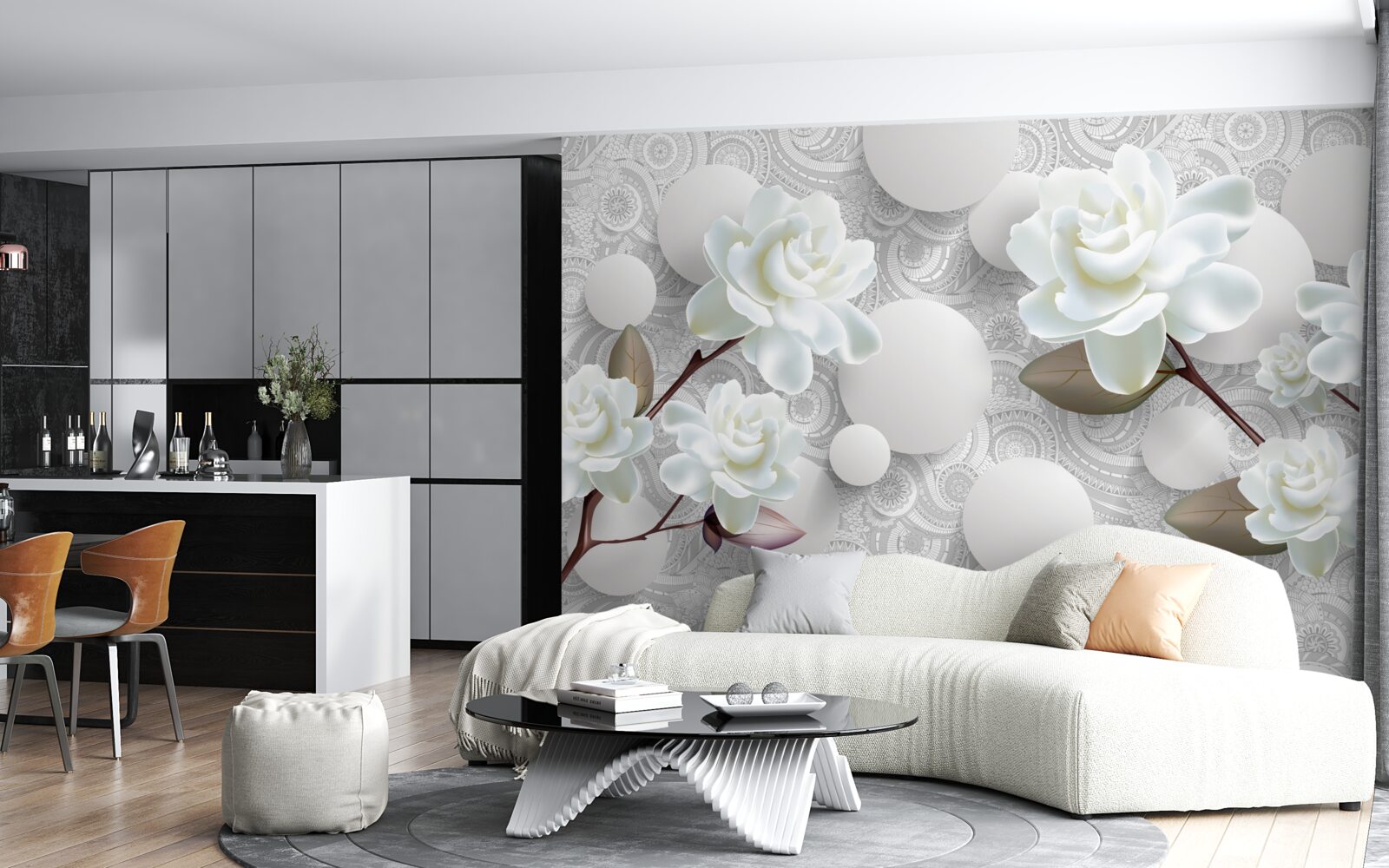 Fototapeta koła i śnieżnobiałe róże