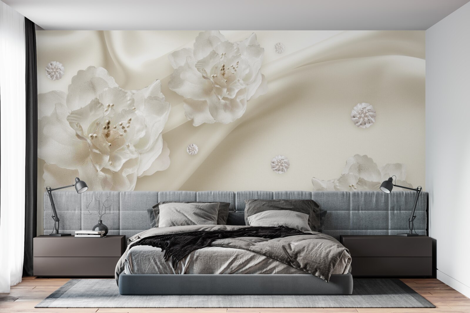 Fototapeta na tkaninie znajdują się delikatne białe różyczki