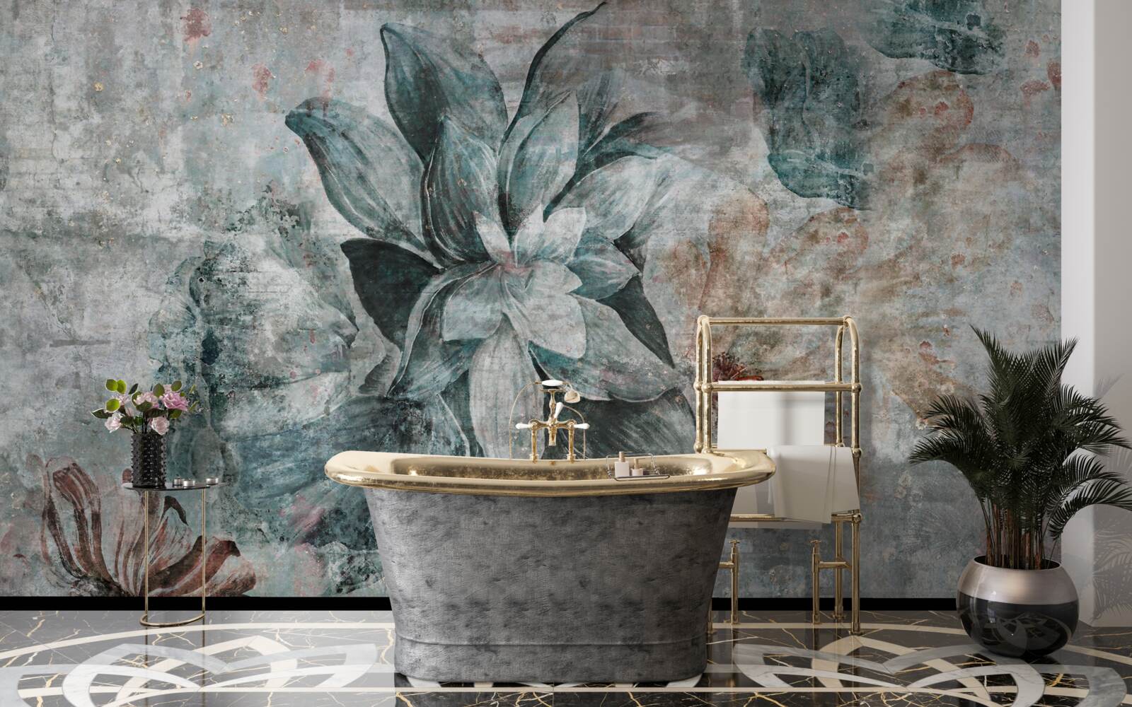 Fototapeta kwitnące rośliny na betonowej barierze