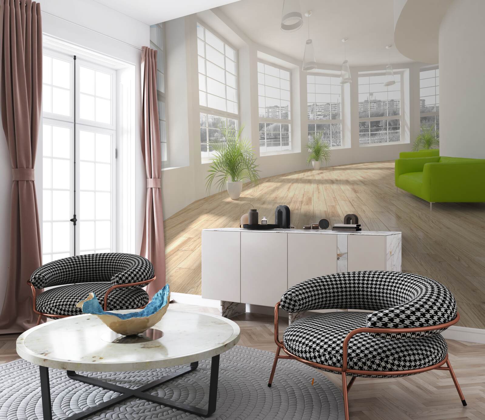 Fototapeta biały korytarz z oknami sięgającymi od podłogi do sufitu