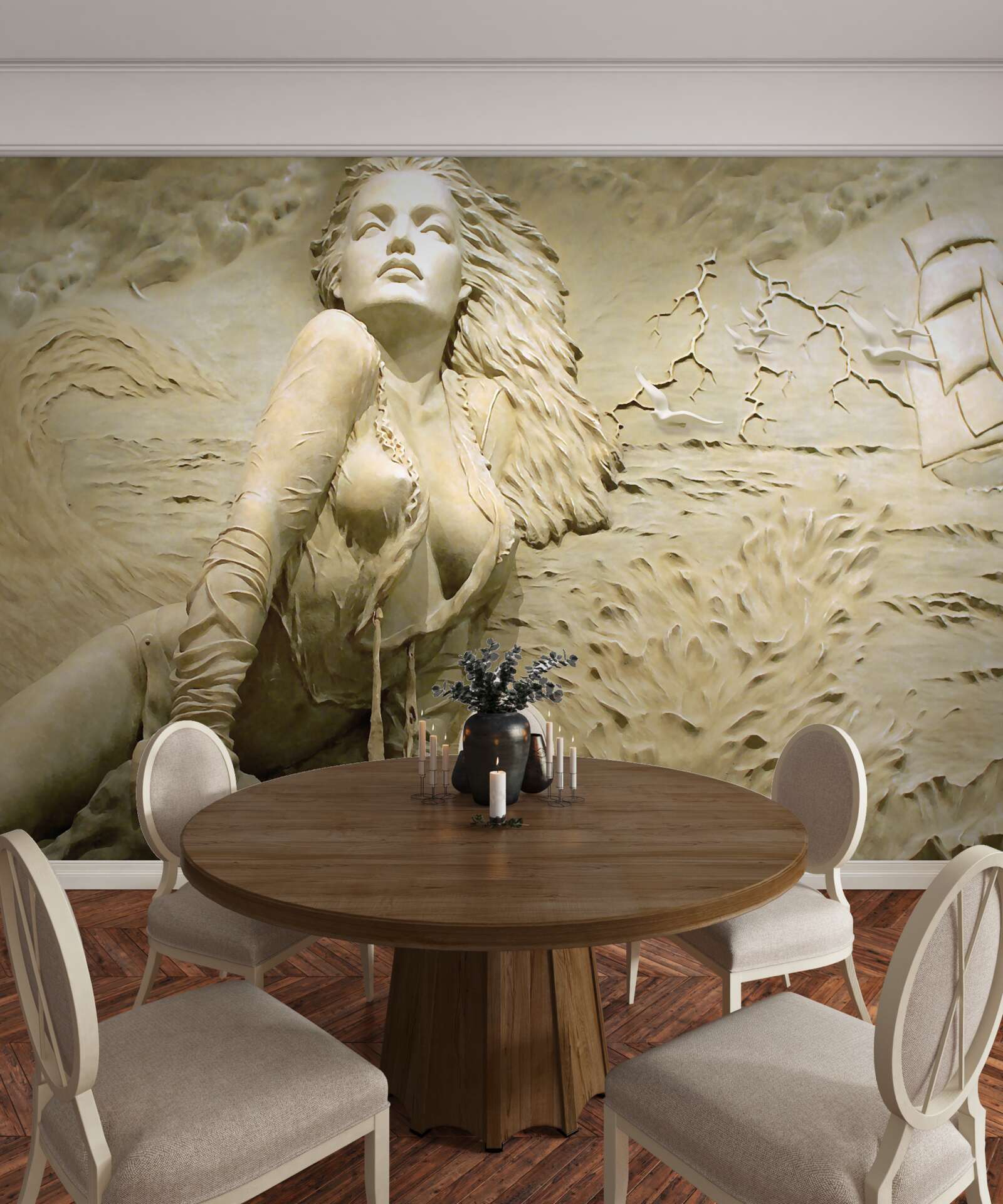 Fototapeta w pobliżu dziewczyna z rozpuszczonymi włosami i żaglem