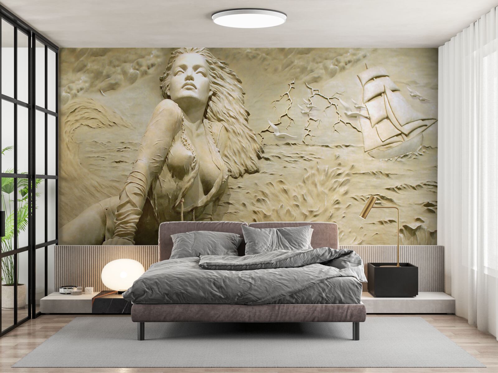 Fototapeta w pobliżu dziewczyna z rozpuszczonymi włosami i żaglem