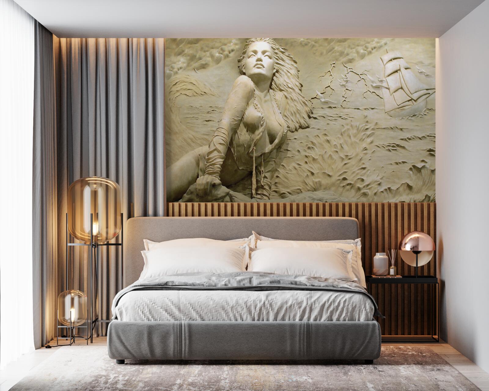 Fototapeta w pobliżu dziewczyna z rozpuszczonymi włosami i żaglem