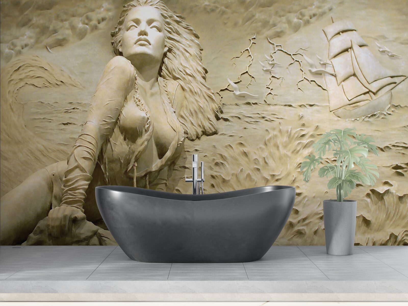 Fototapeta w pobliżu dziewczyna z rozpuszczonymi włosami i żaglem