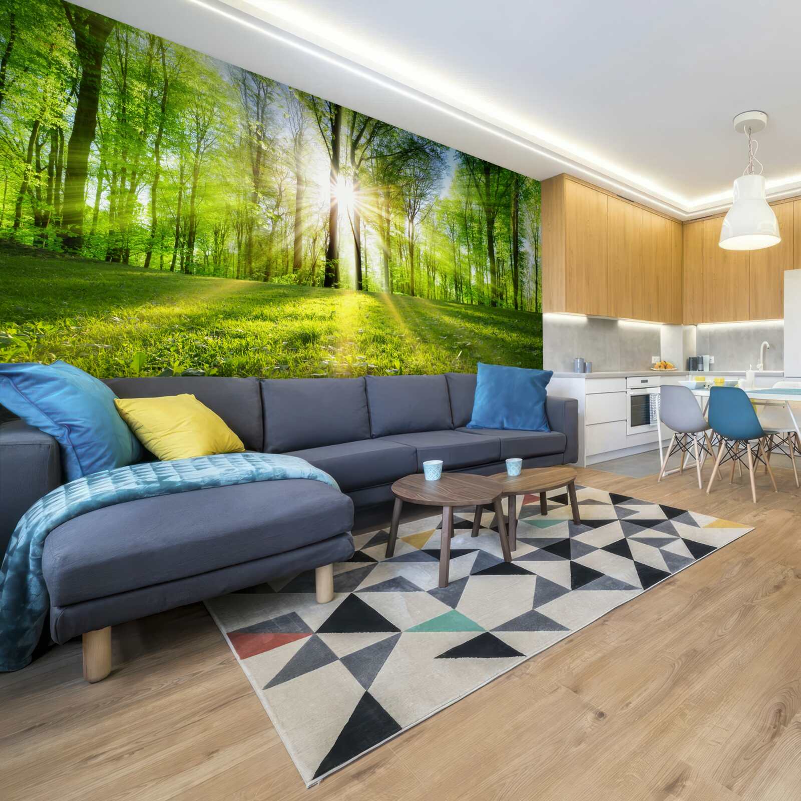 Fototapeta słońce wschodzi w zielonych zaroślach lasu