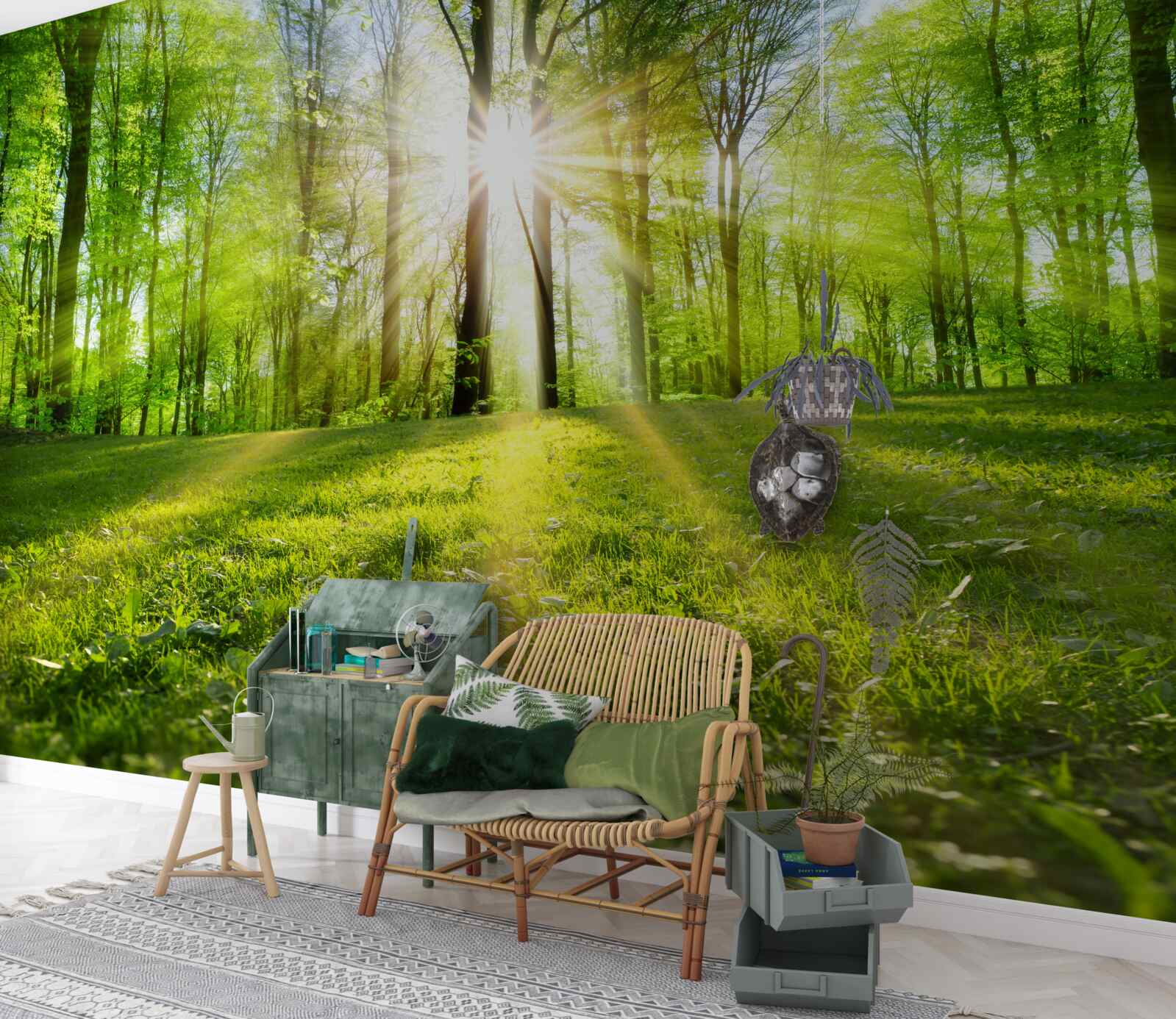 Fototapeta słońce wschodzi w zielonych zaroślach lasu