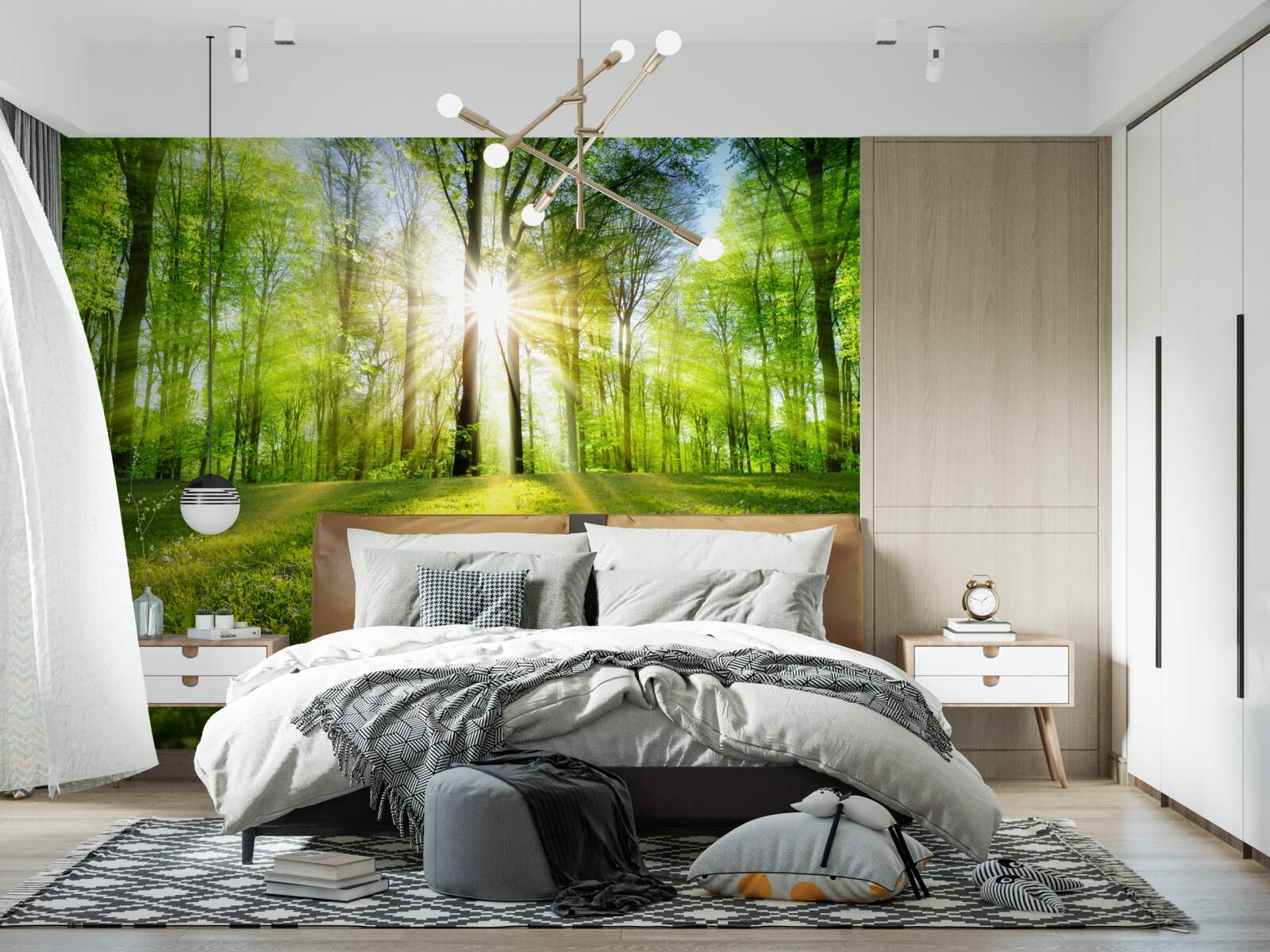 Fototapeta słońce wschodzi w zielonych zaroślach lasu