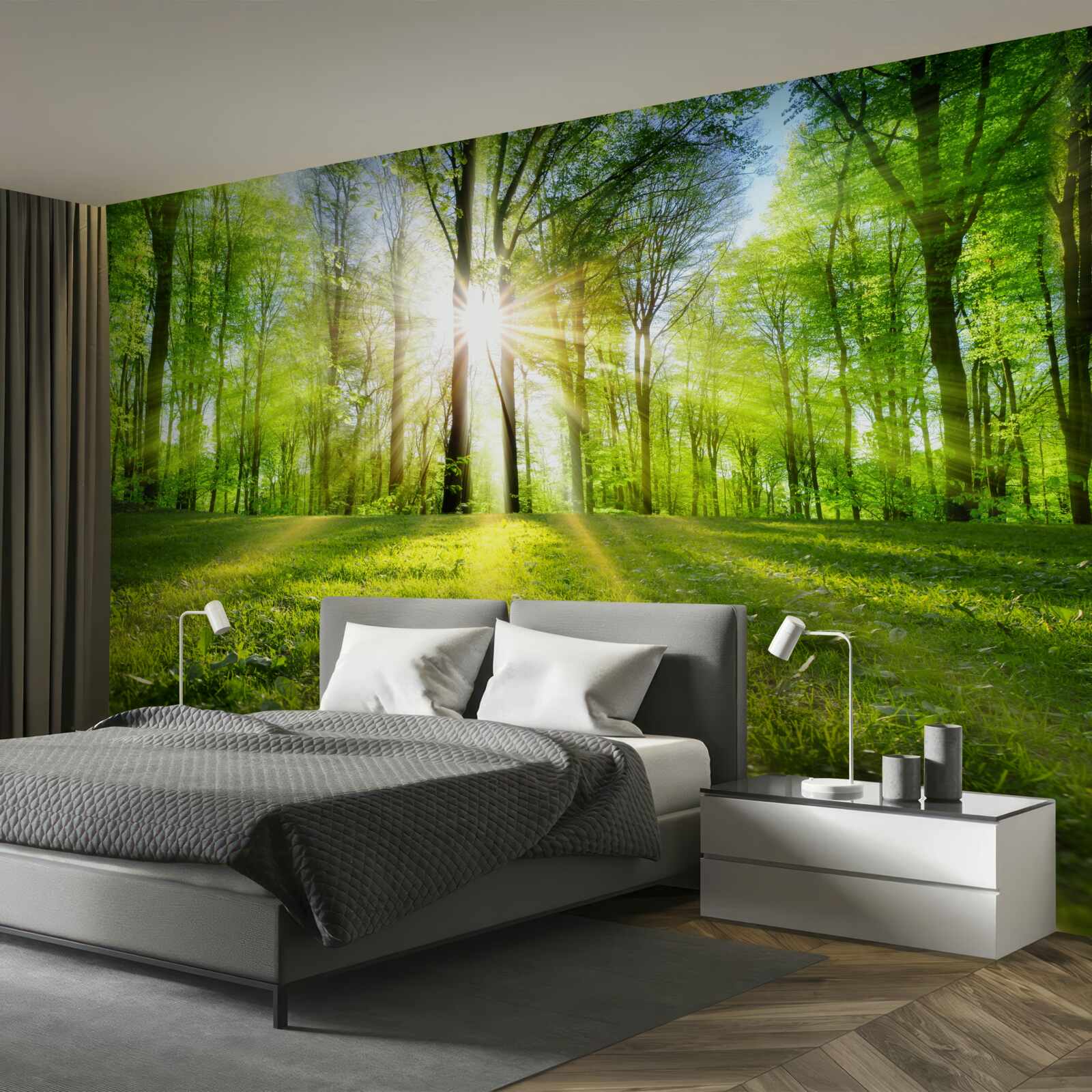 Fototapeta słońce wschodzi w zielonych zaroślach lasu