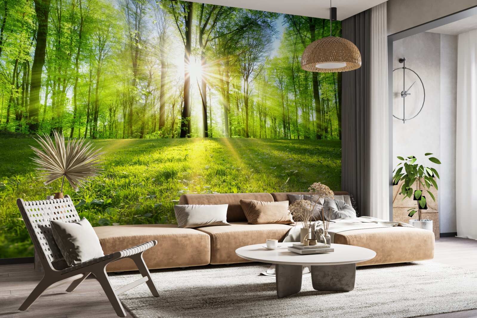 Fototapeta słońce wschodzi w zielonych zaroślach lasu