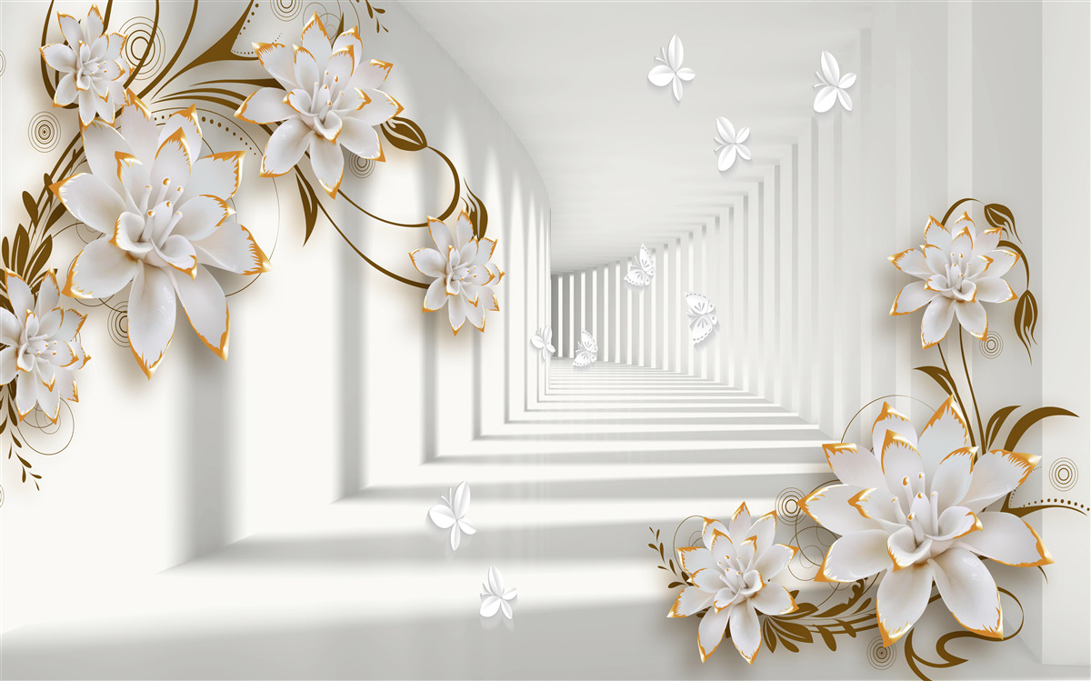 Fototapeta elegancki korytarz w odcieniach bieli, ozdobiony złotymi kwiatami