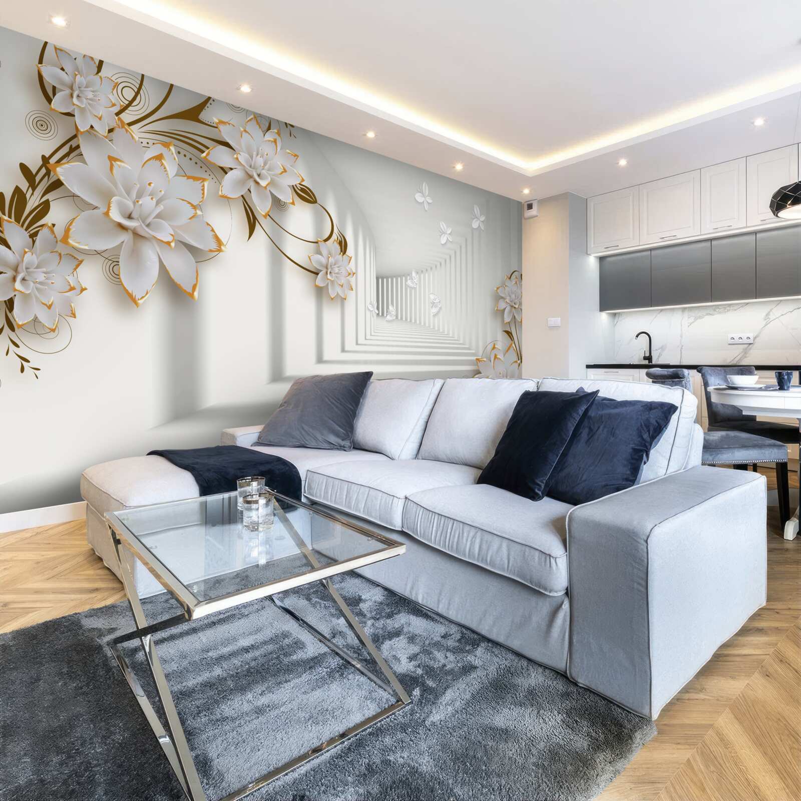 Fototapeta elegancki korytarz w odcieniach bieli, ozdobiony złotymi kwiatami