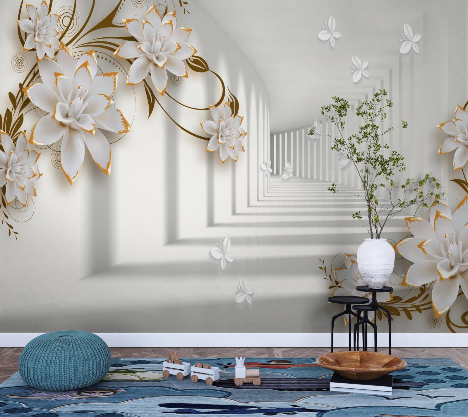 Fototapeta elegancki korytarz w odcieniach bieli, ozdobiony złotymi kwiatami