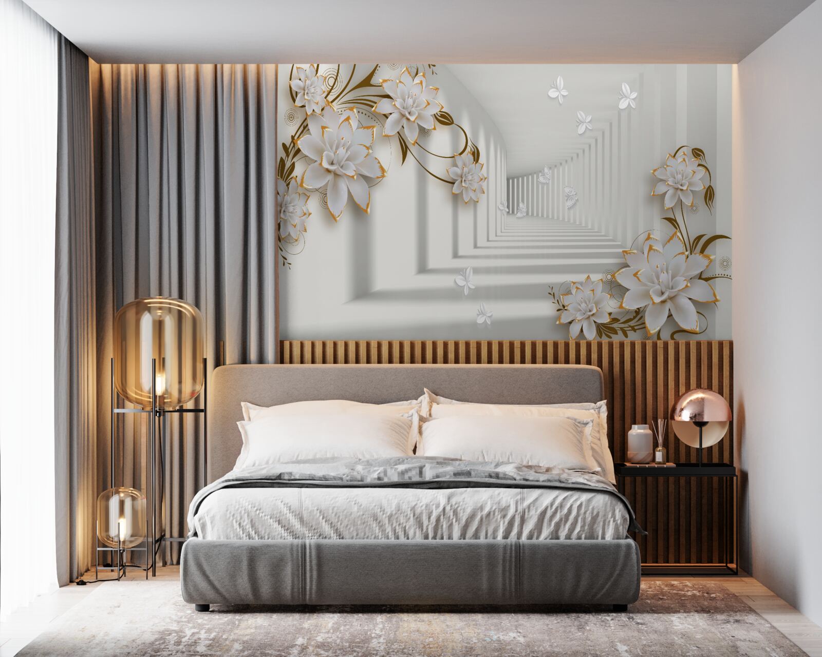 Fototapeta elegancki korytarz w odcieniach bieli, ozdobiony złotymi kwiatami