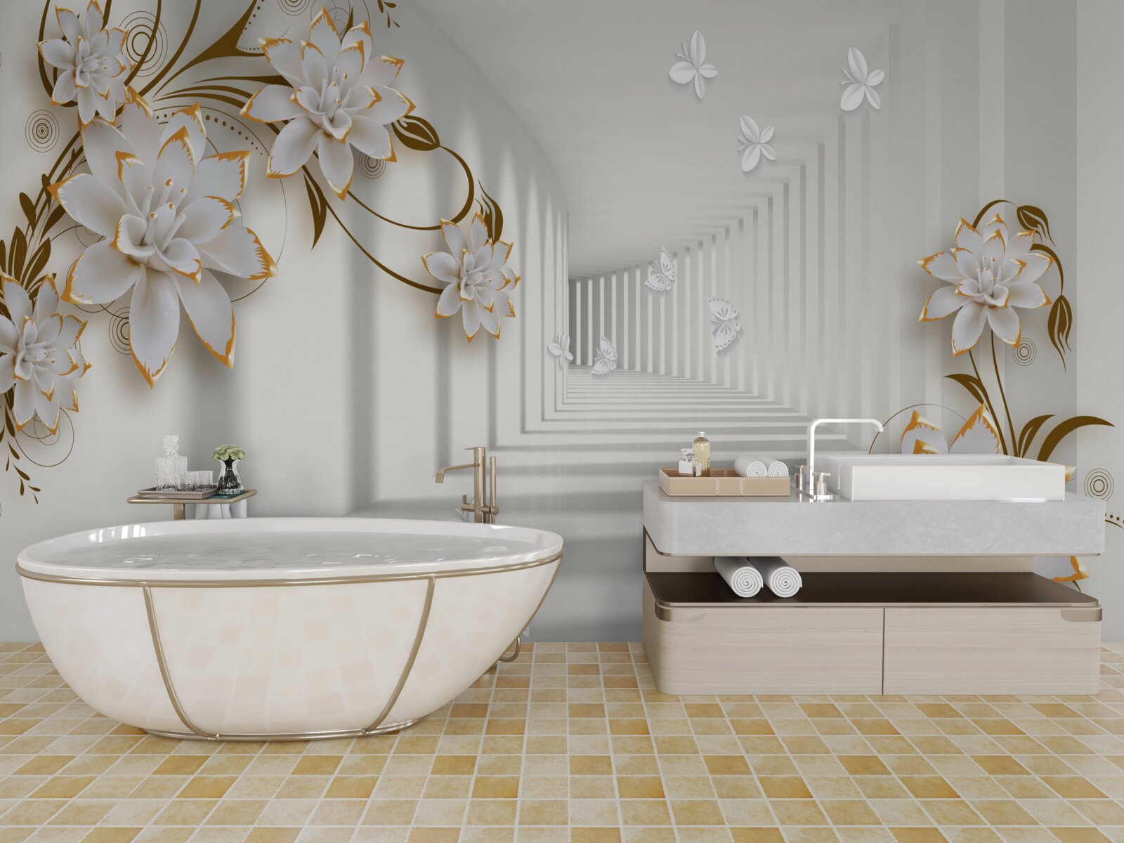 Fototapeta elegancki korytarz w odcieniach bieli, ozdobiony złotymi kwiatami