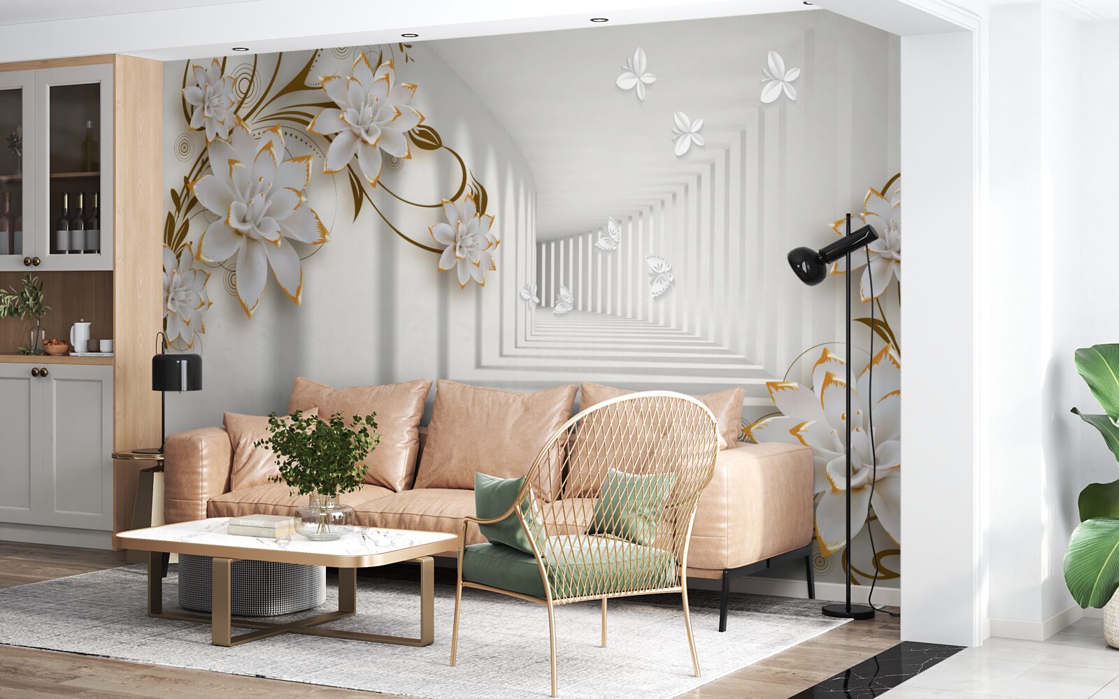 Fototapeta elegancki korytarz w odcieniach bieli, ozdobiony złotymi kwiatami