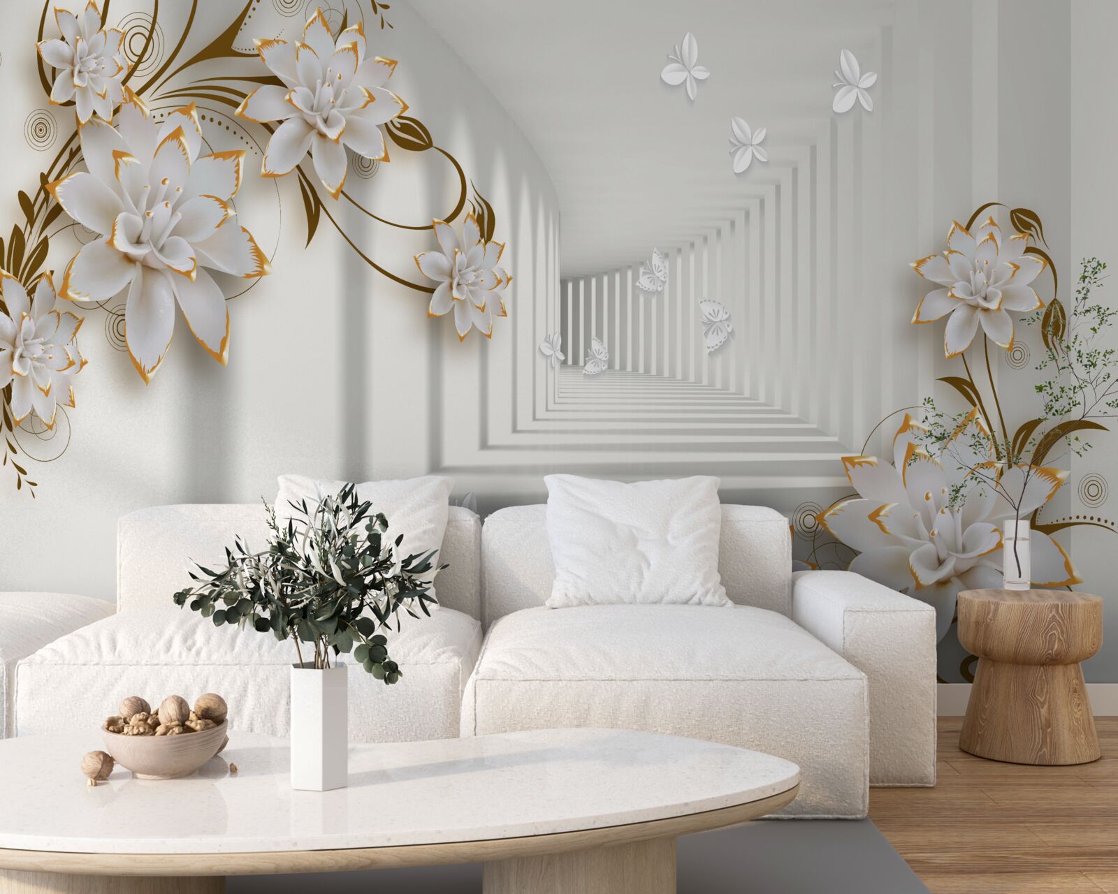 Fototapeta elegancki korytarz w odcieniach bieli, ozdobiony złotymi kwiatami