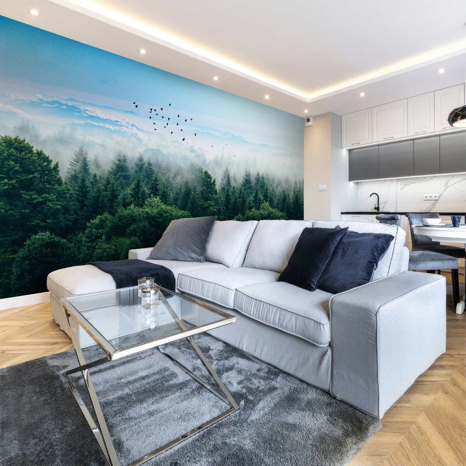 Fototapeta ptaki unoszą się wysoko nad koronami leśnych gigantów