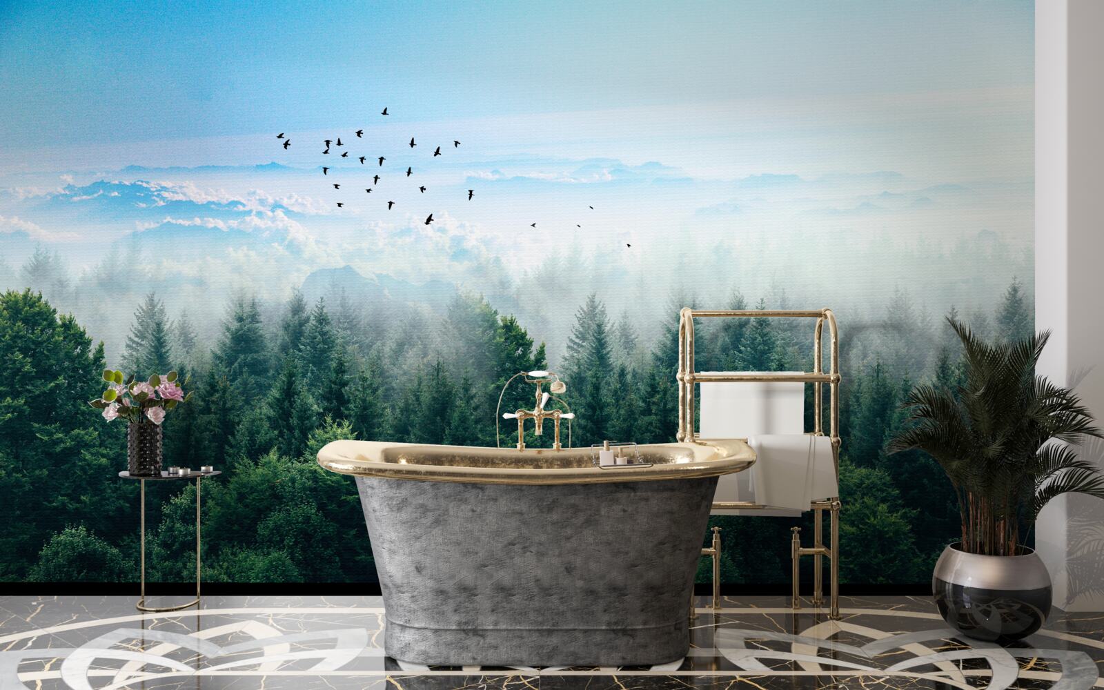 Fototapeta ptaki unoszą się wysoko nad koronami leśnych gigantów