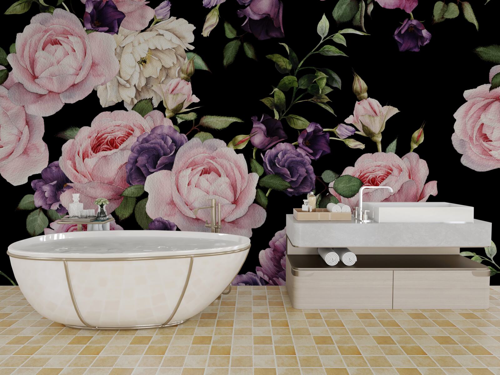 Fototapeta duże róże na czarnym tle