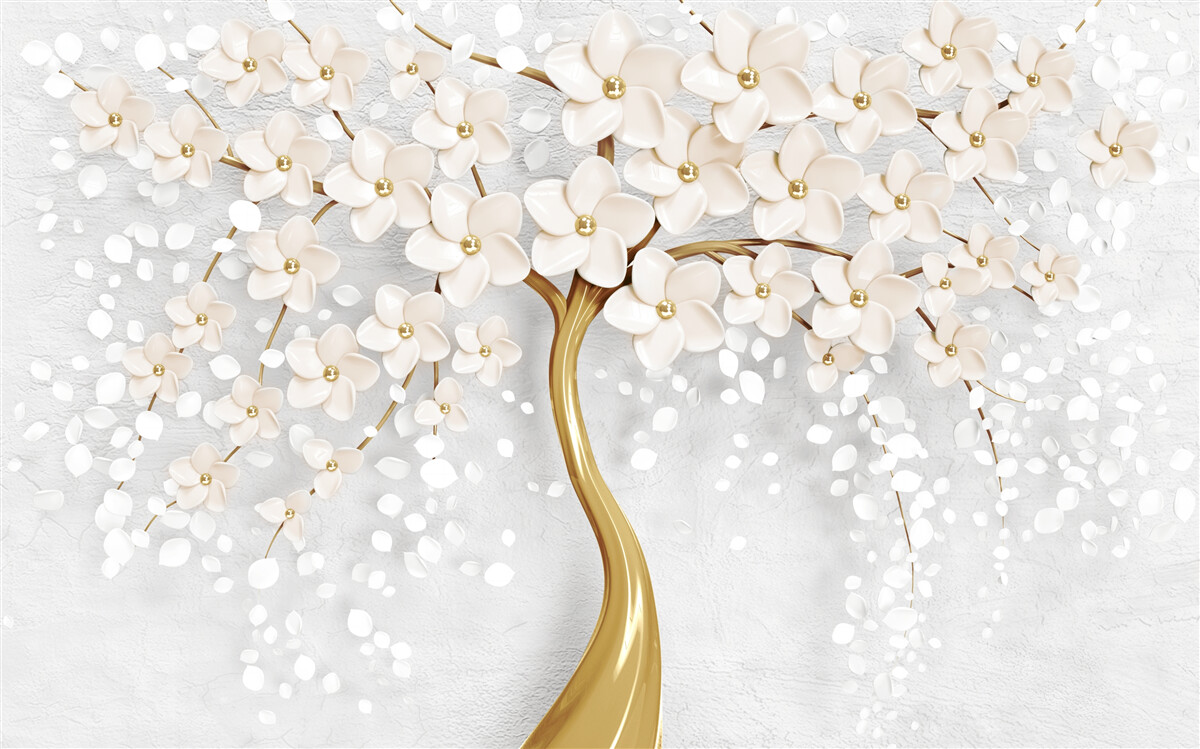 Fototapeta drzewo złotych odcieni z uroczymi miniaturowymi kwiatami