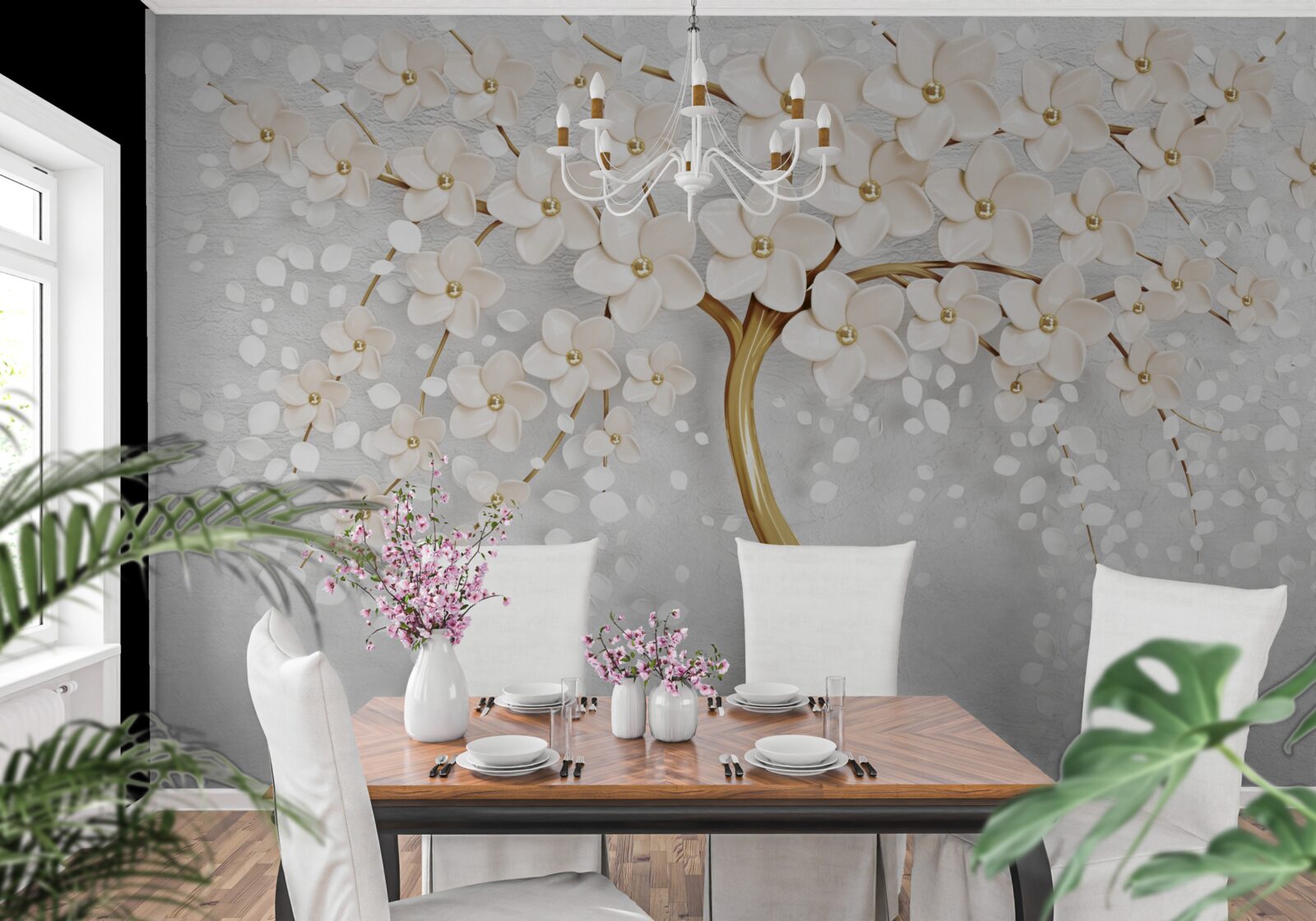 Fototapeta drzewo złotych odcieni z uroczymi miniaturowymi kwiatami