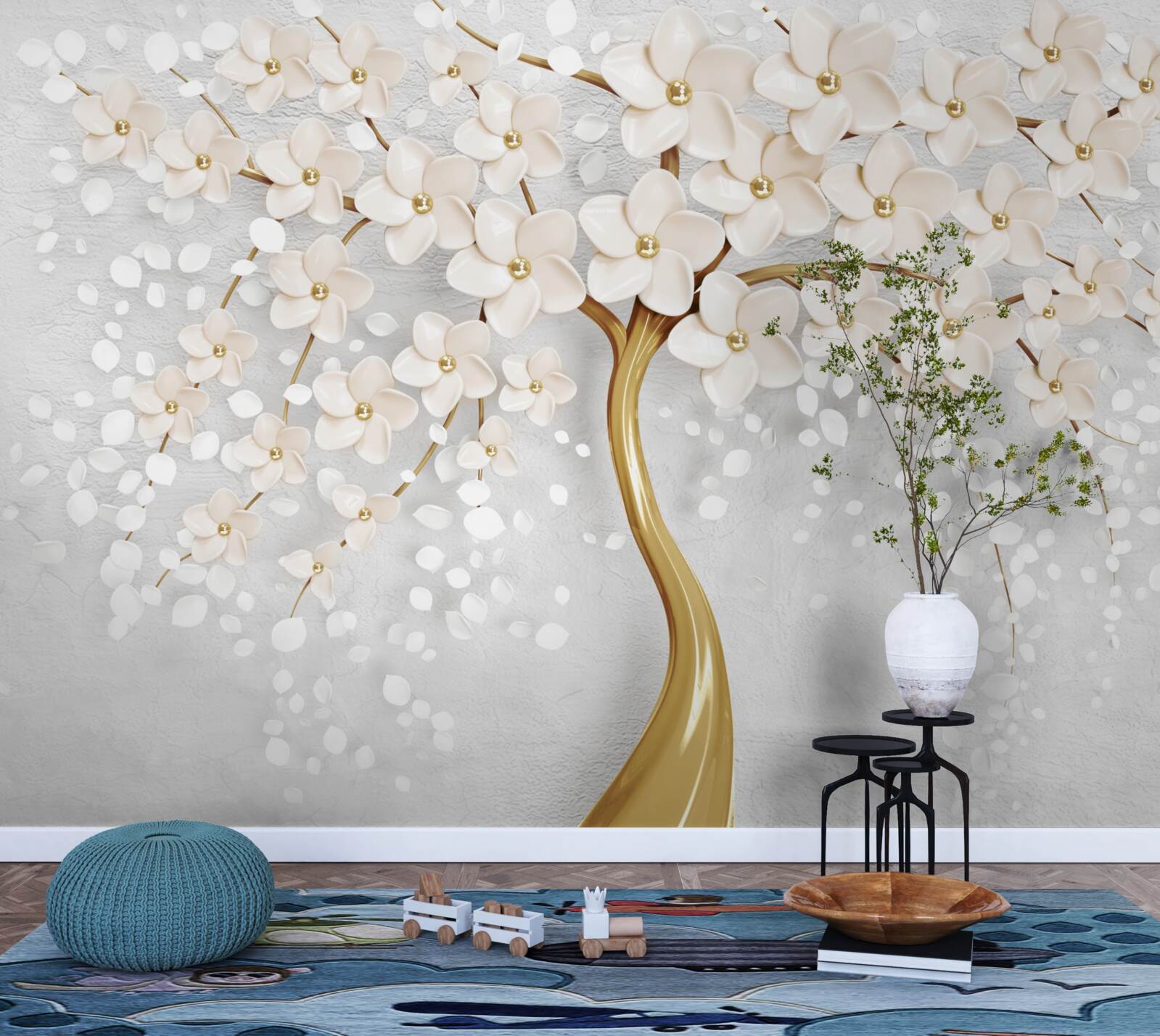 Fototapeta drzewo złotych odcieni z uroczymi miniaturowymi kwiatami