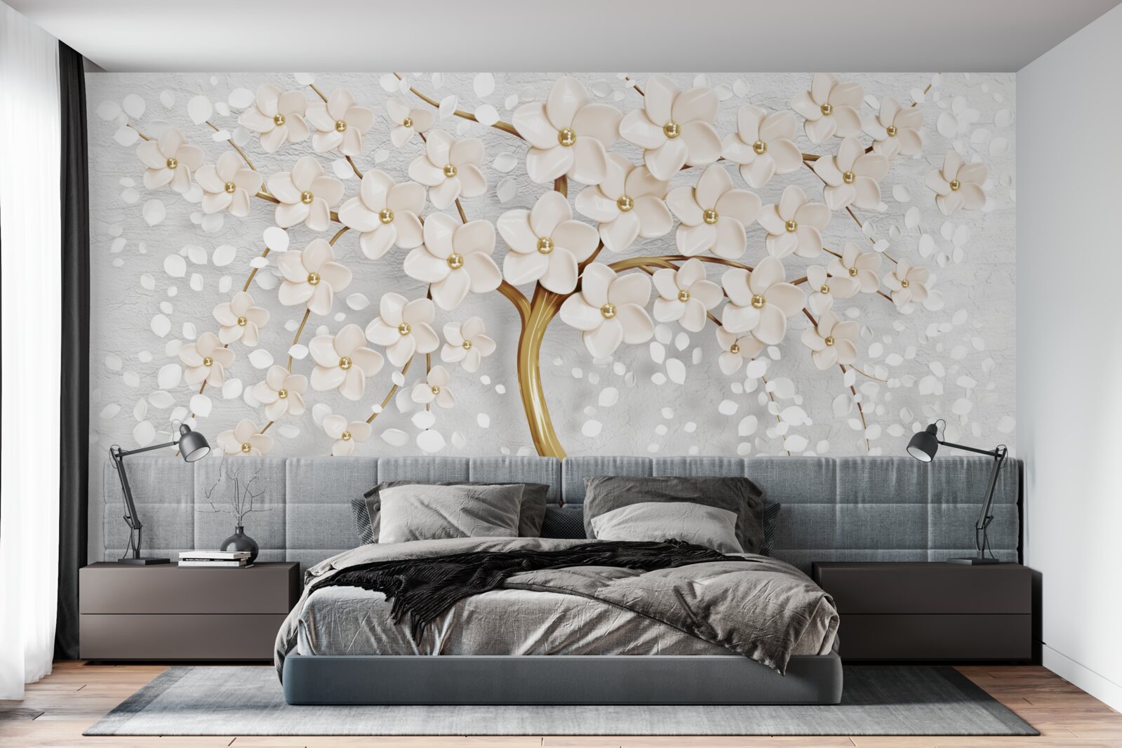 Fototapeta drzewo złotych odcieni z uroczymi miniaturowymi kwiatami