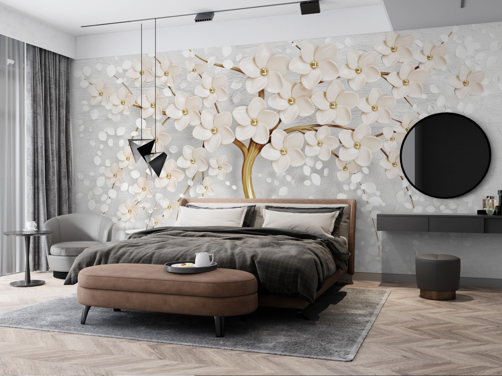 Fototapeta drzewo złotych odcieni z uroczymi miniaturowymi kwiatami