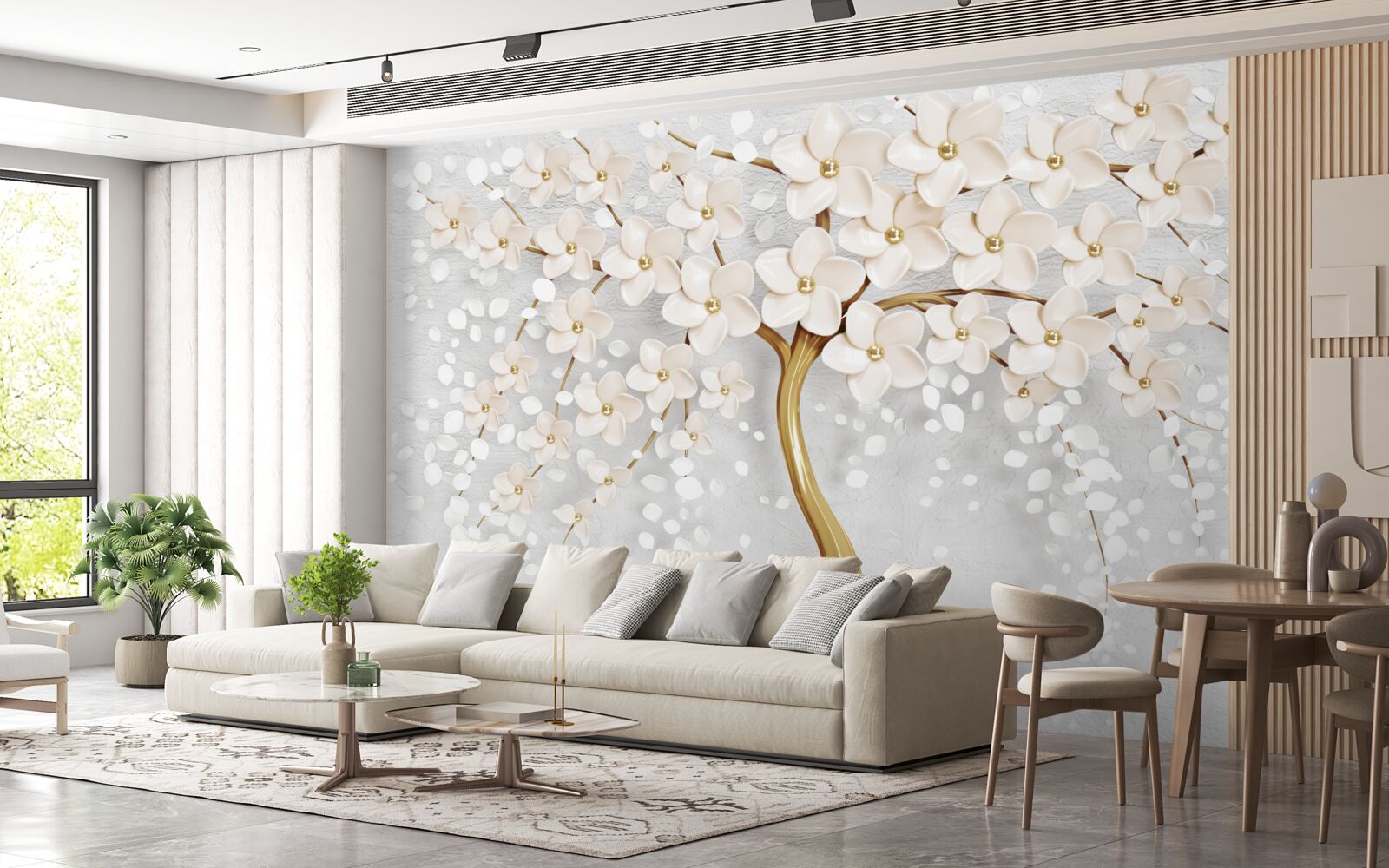 Fototapeta drzewo złotych odcieni z uroczymi miniaturowymi kwiatami