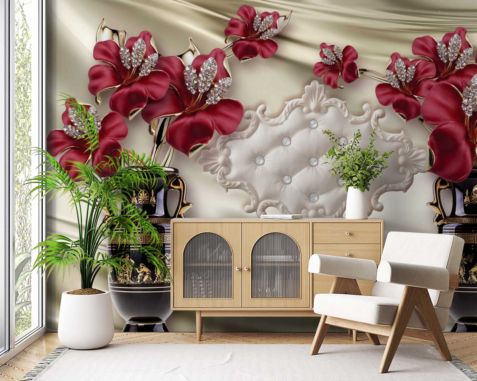 Fototapeta czarne wazony z czerwonymi liliami