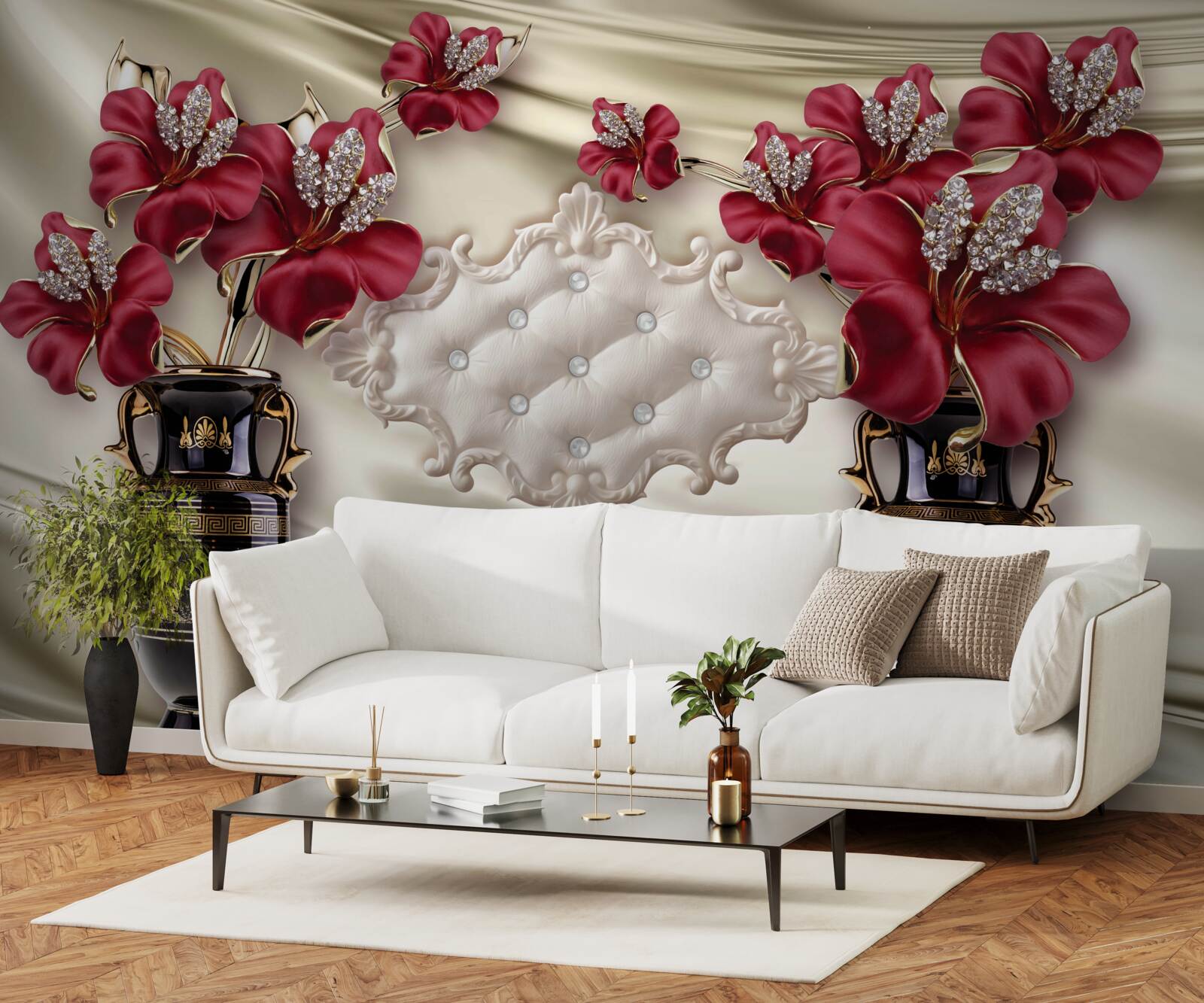 Fototapeta czarne wazony z czerwonymi liliami