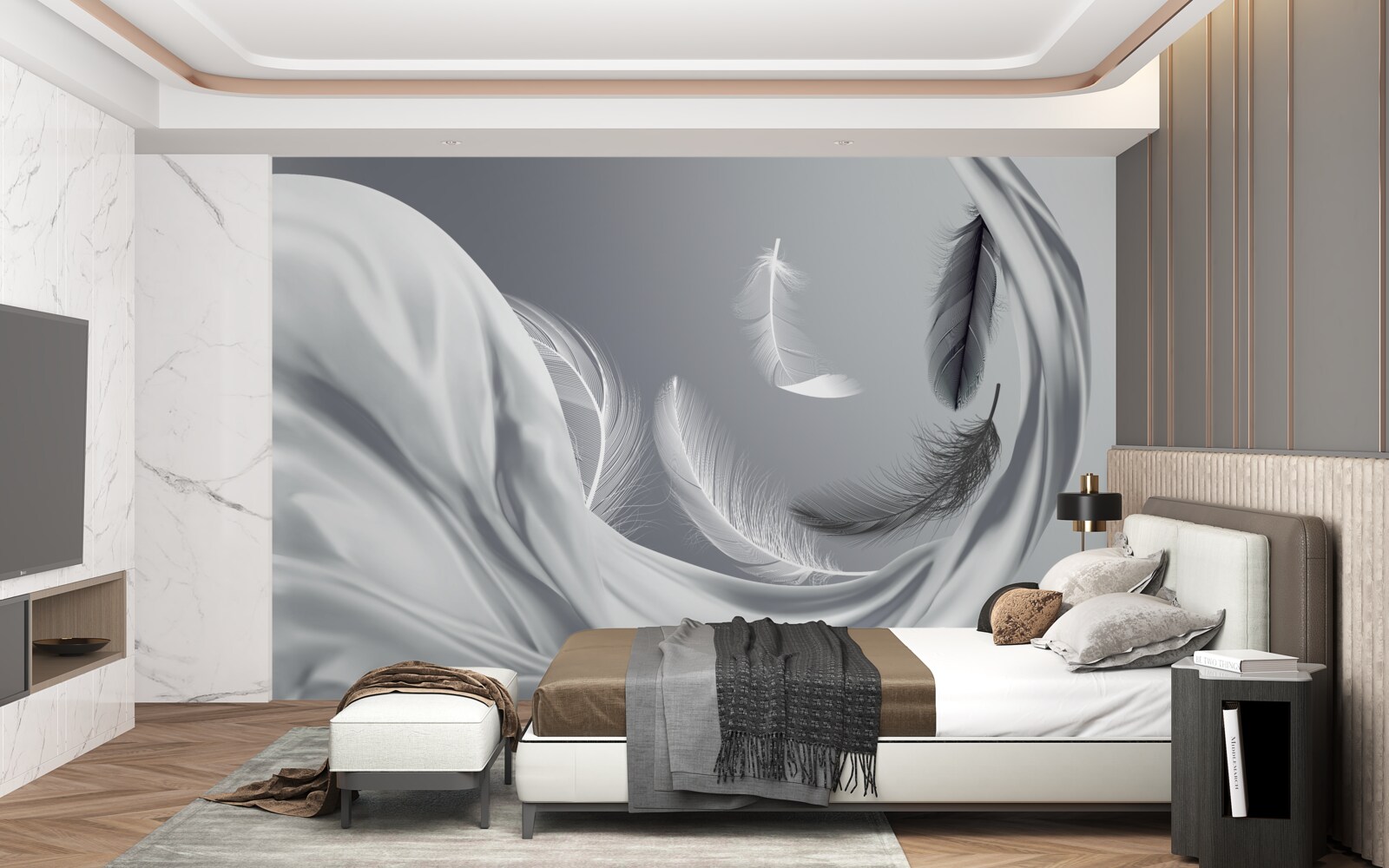 Fototapeta skręcone, błyszczące białe pióra