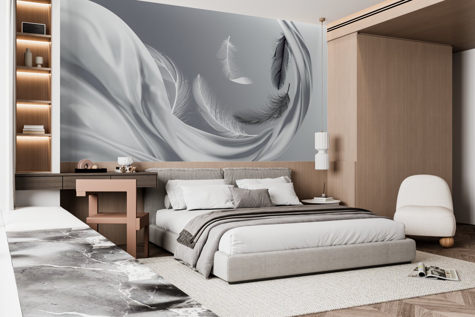 Fototapeta skręcone, błyszczące białe pióra