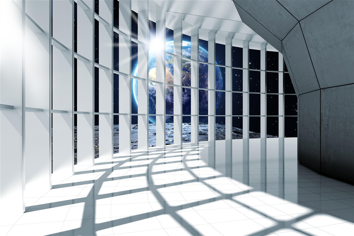 Fototapeta Światło z planety przenika przez przejście budynku