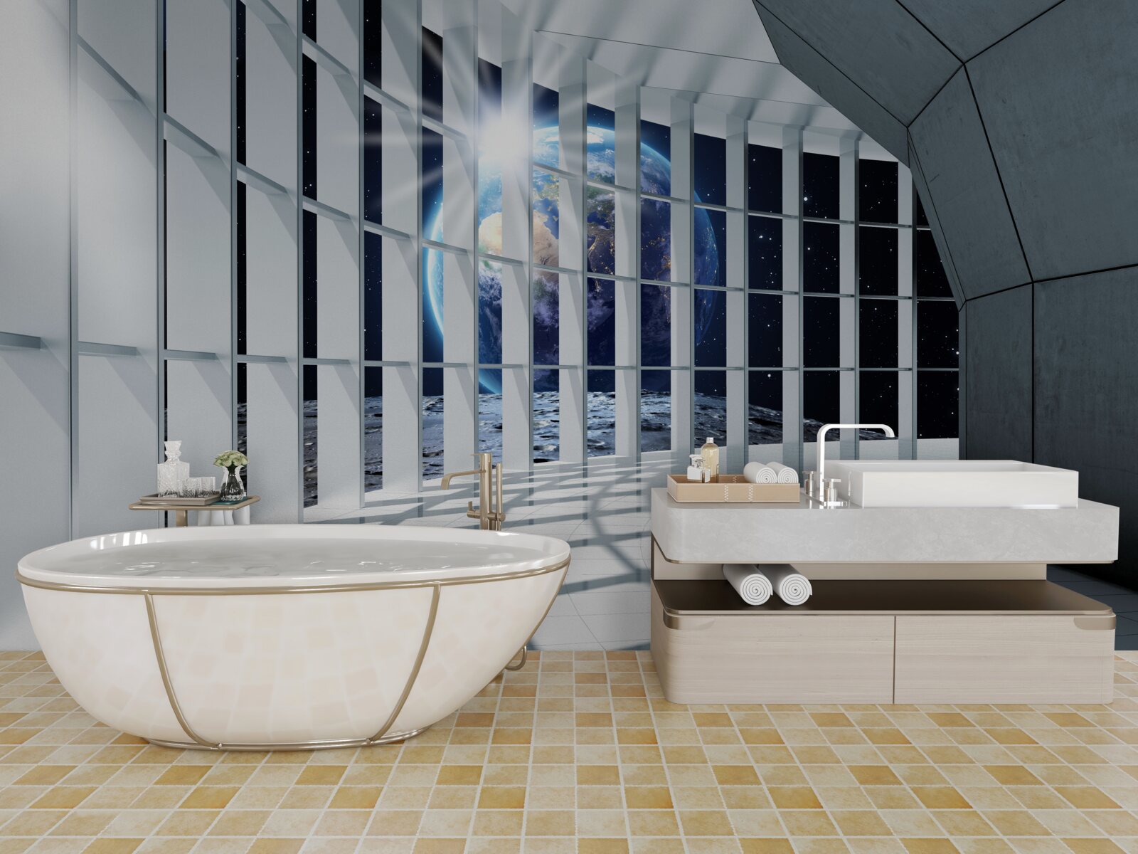 Fototapeta Światło z planety przenika przez przejście budynku