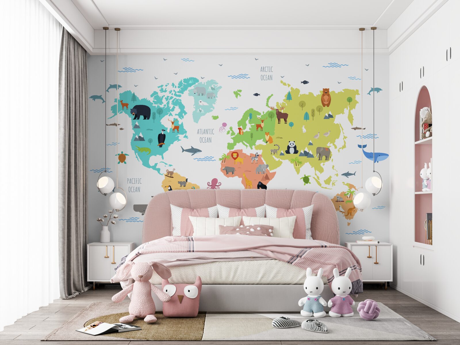 Fototapeta wielobarwna mapa świata z przedstawicielami fauny