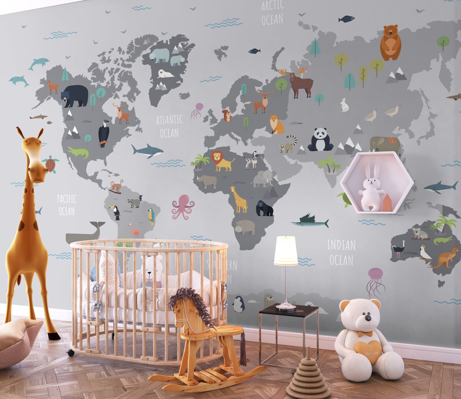 Fototapeta szara mapa świata z wizerunkami zwierząt