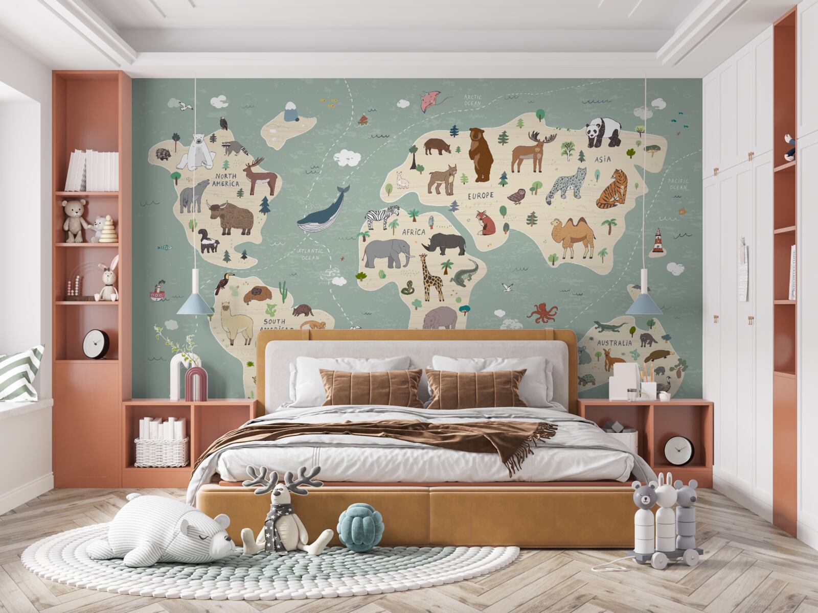 Fototapeta mapa świata pokazuje mnóstwo różnych zwierząt
