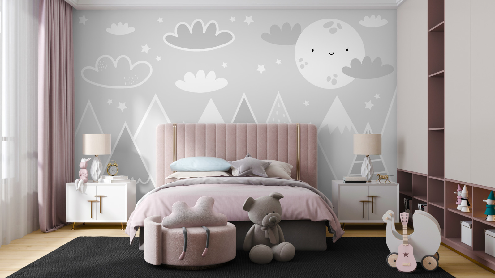 Fototapeta nad szczytami gór wisi jasny księżyc z twarzą