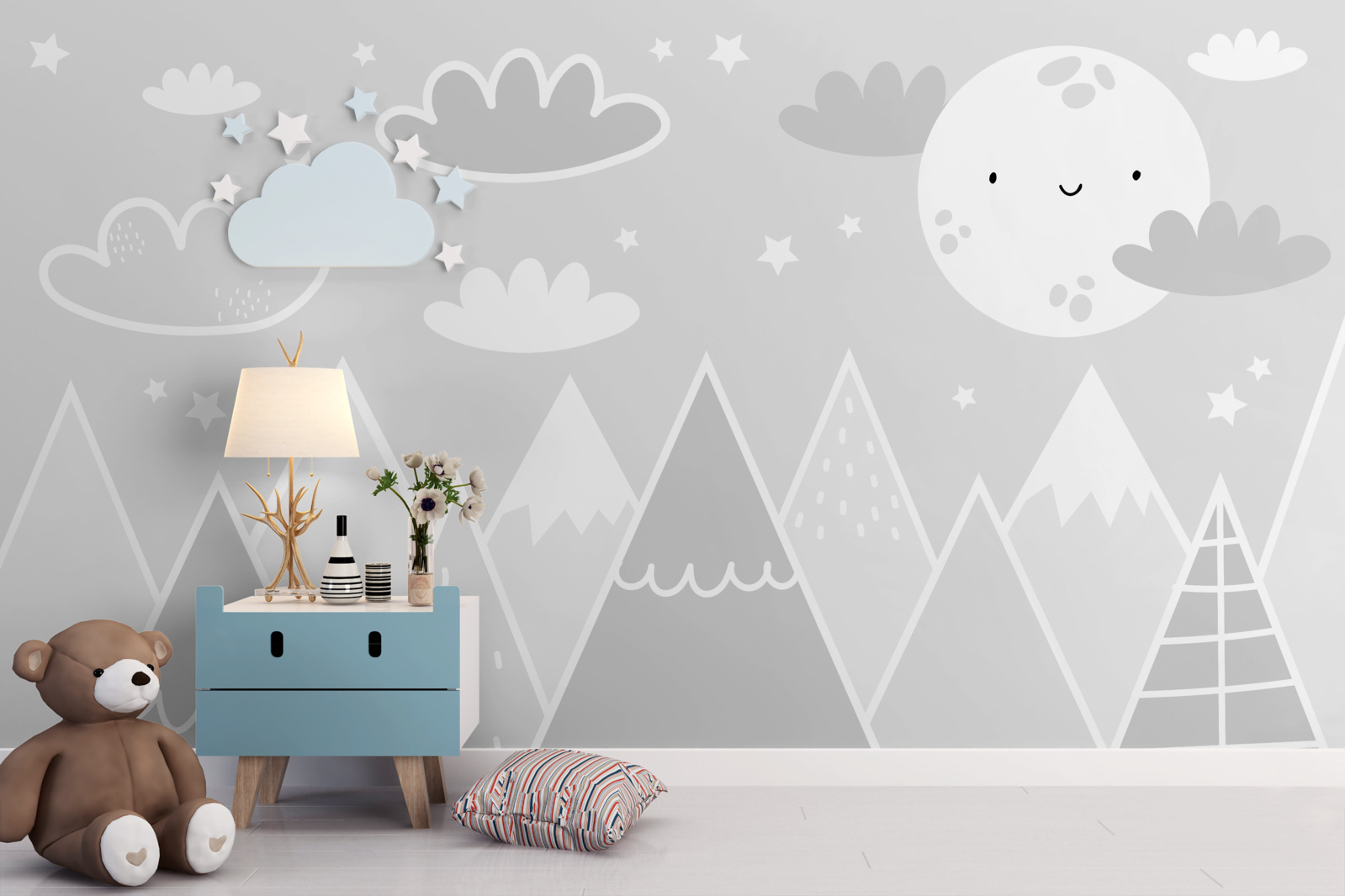 Fototapeta nad szczytami gór wisi jasny księżyc z twarzą