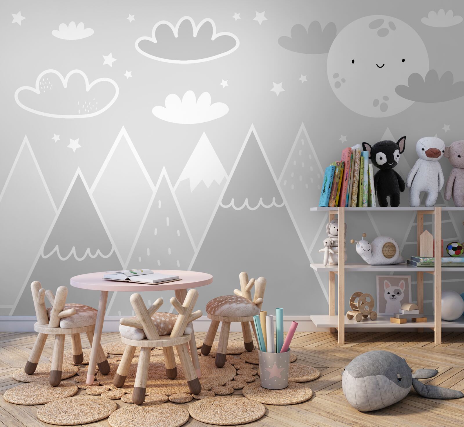 Fototapeta nad szczytami gór wisi jasny księżyc z twarzą