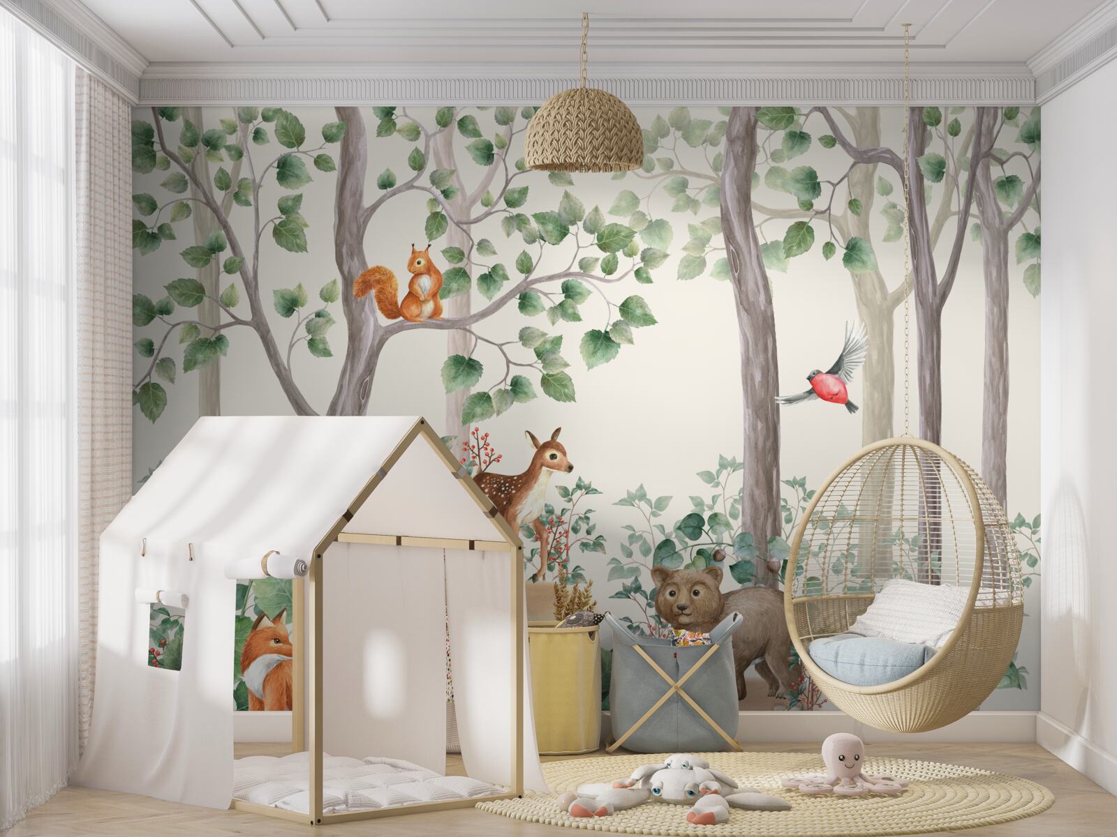 Fototapeta zwierzęta i ptaki w lesie jak z bajki