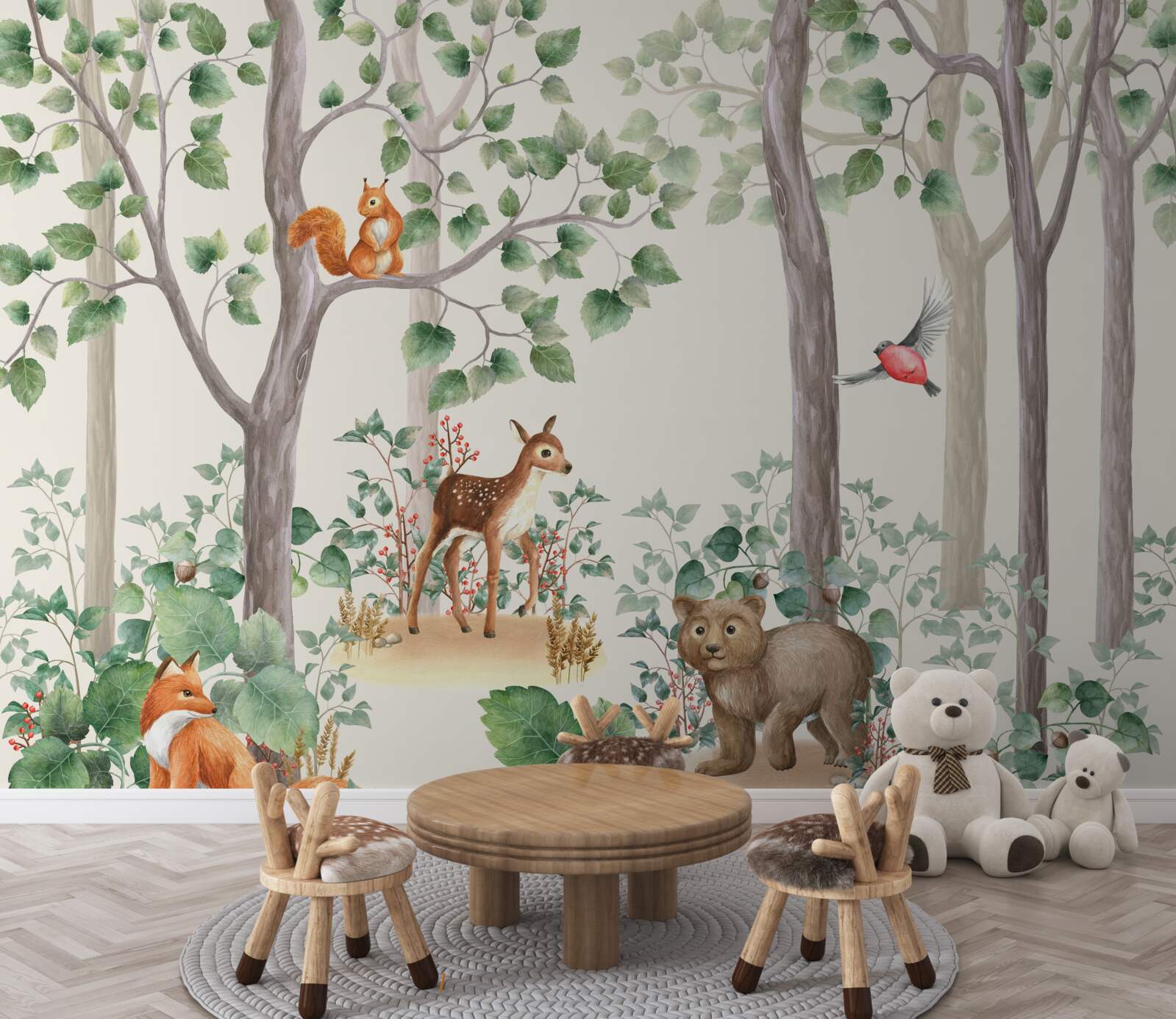 Fototapeta zwierzęta i ptaki w lesie jak z bajki