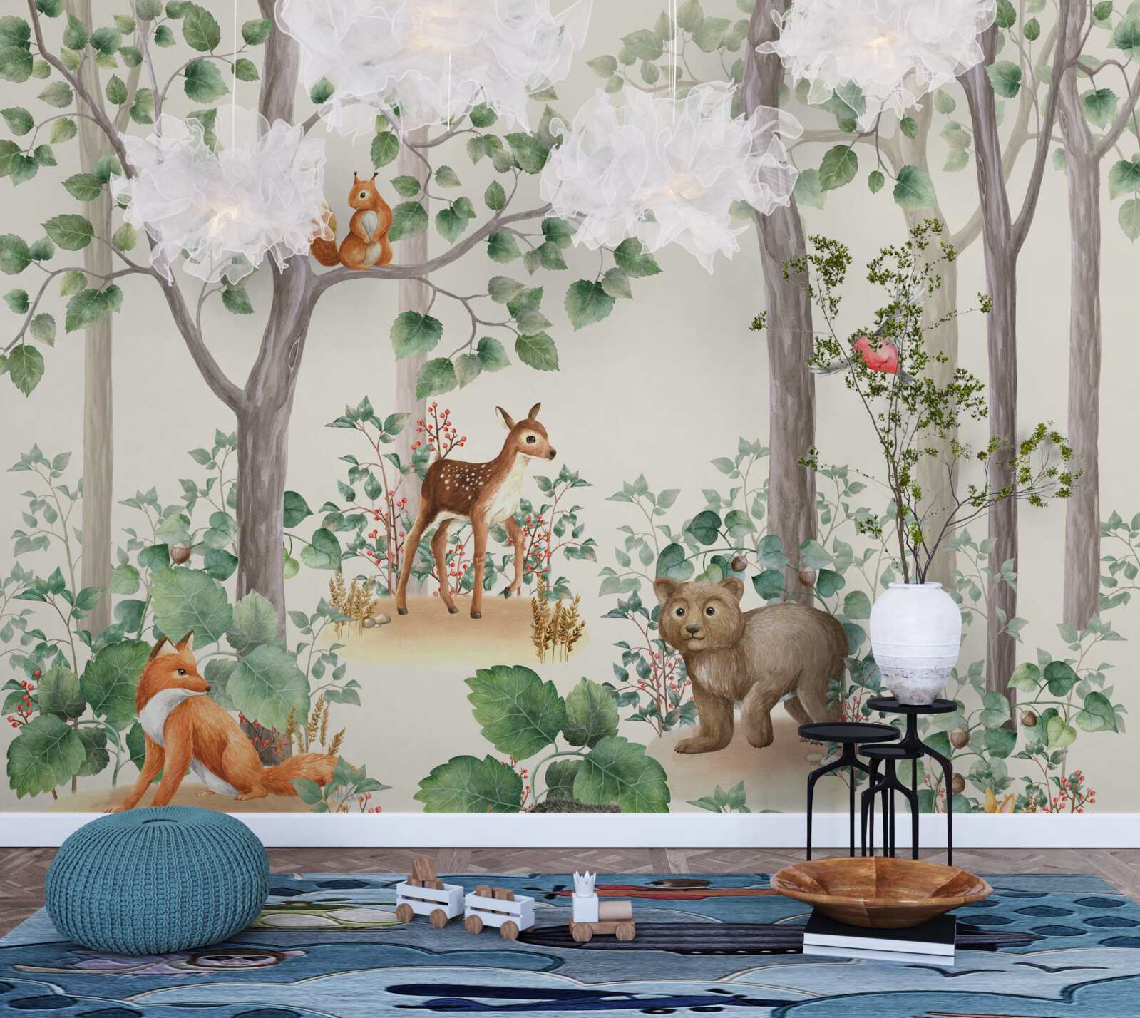 Fototapeta zwierzęta i ptaki w lesie jak z bajki