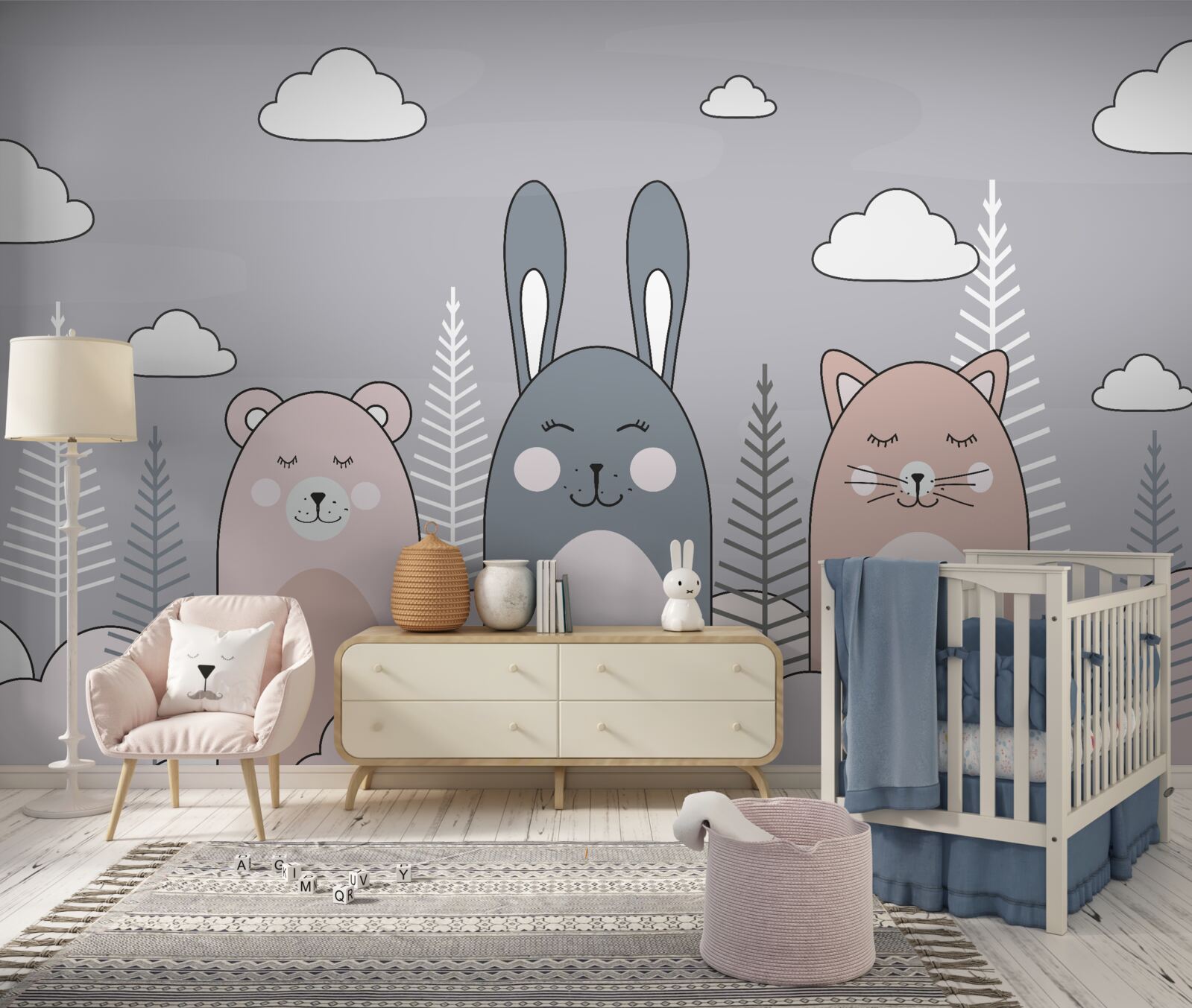 Fototapeta kotek, miś i zając w otoczeniu sprzęgów