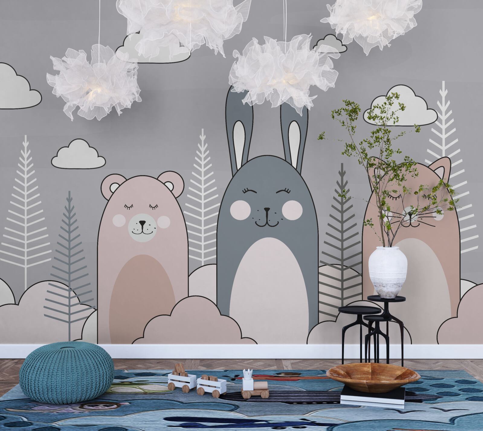 Fototapeta kotek, miś i zając w otoczeniu sprzęgów