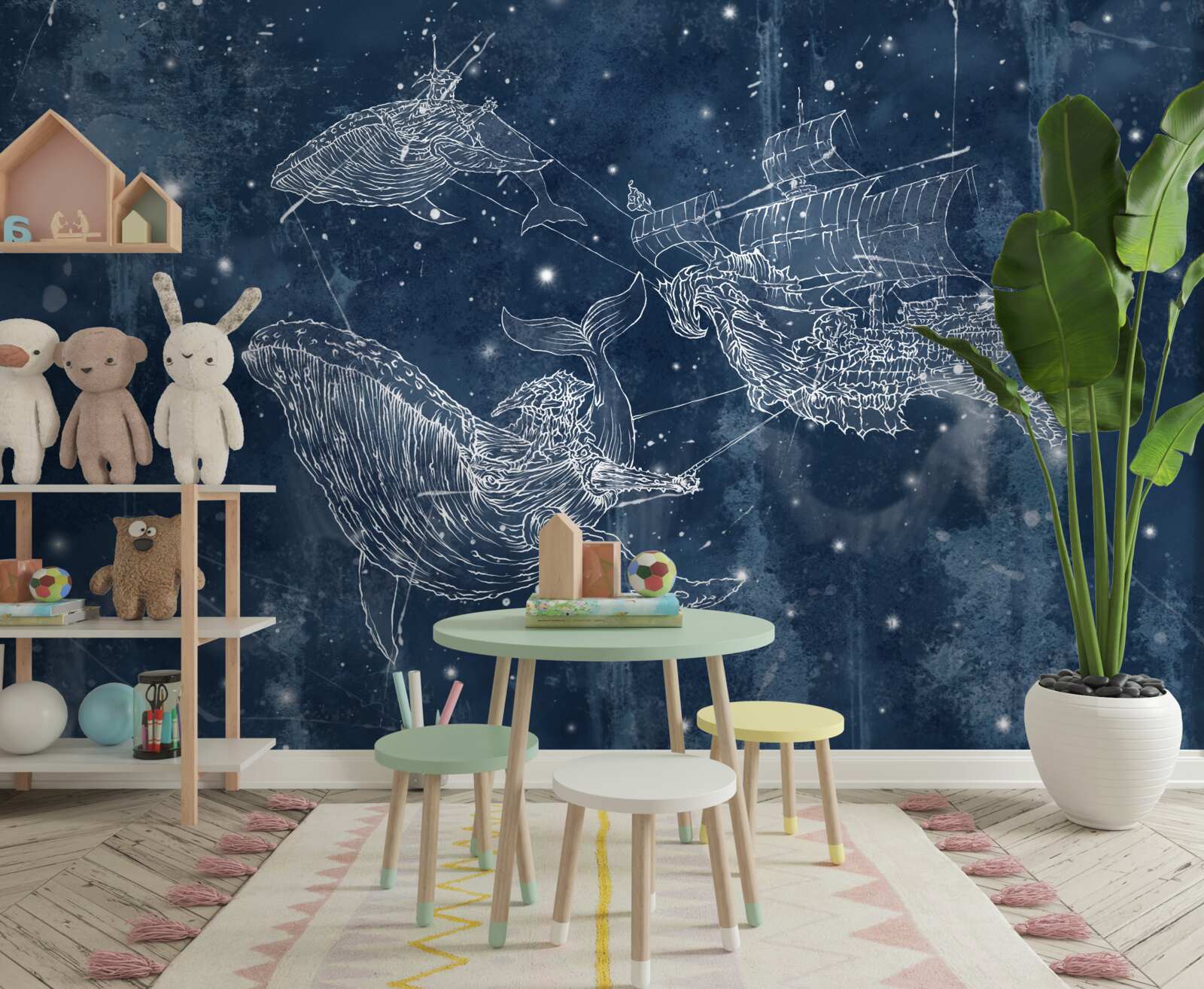 Fototapeta statek, w stronę którego zmierzają gwiazdy w konstelacji wieloryba