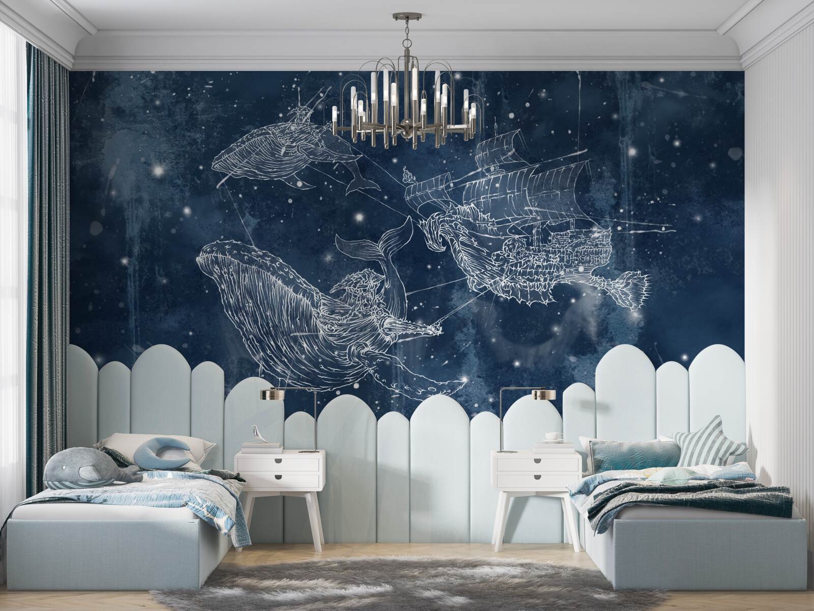Fototapeta statek, w stronę którego zmierzają gwiazdy w konstelacji wieloryba