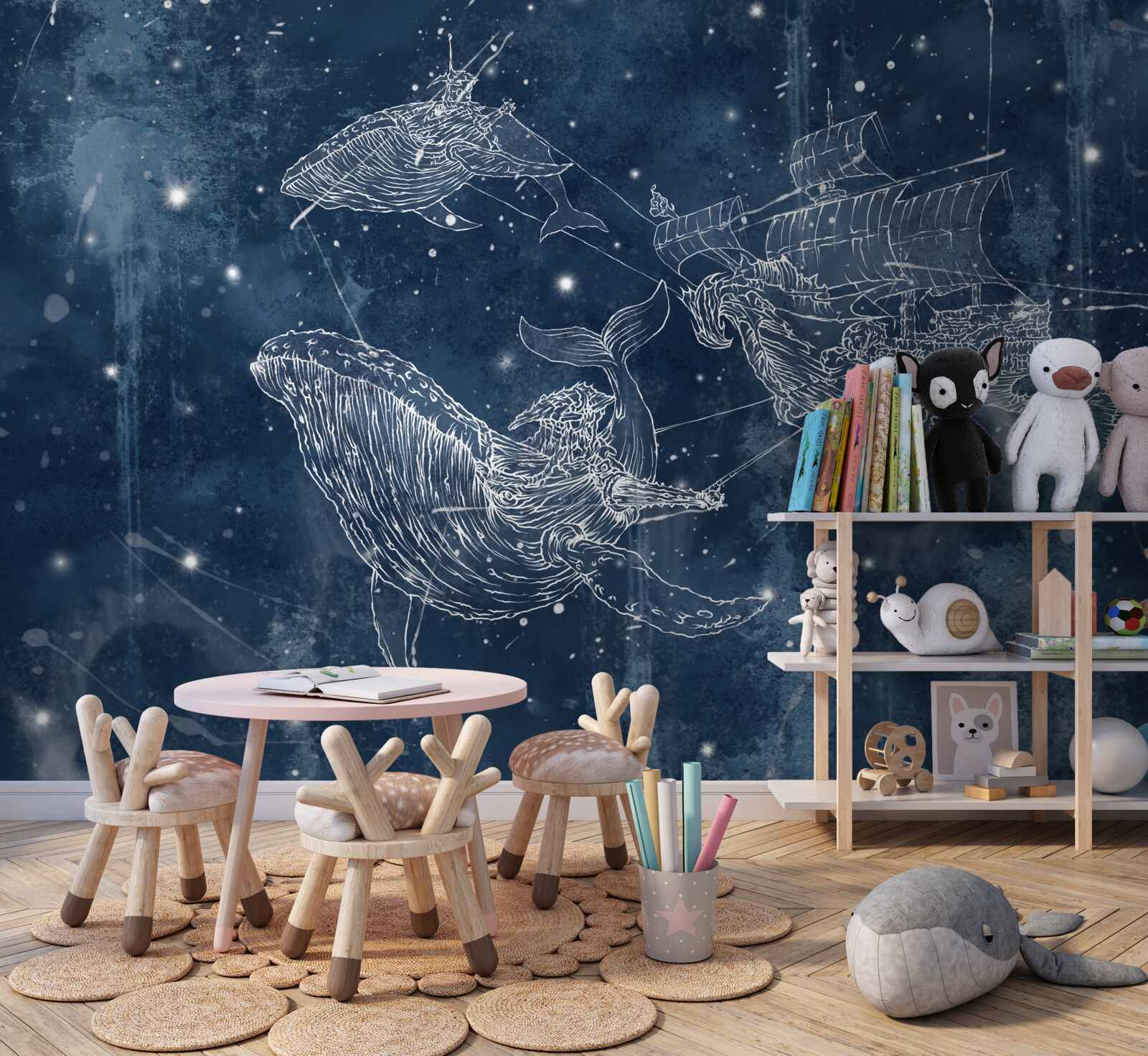 Fototapeta statek, w stronę którego zmierzają gwiazdy w konstelacji wieloryba