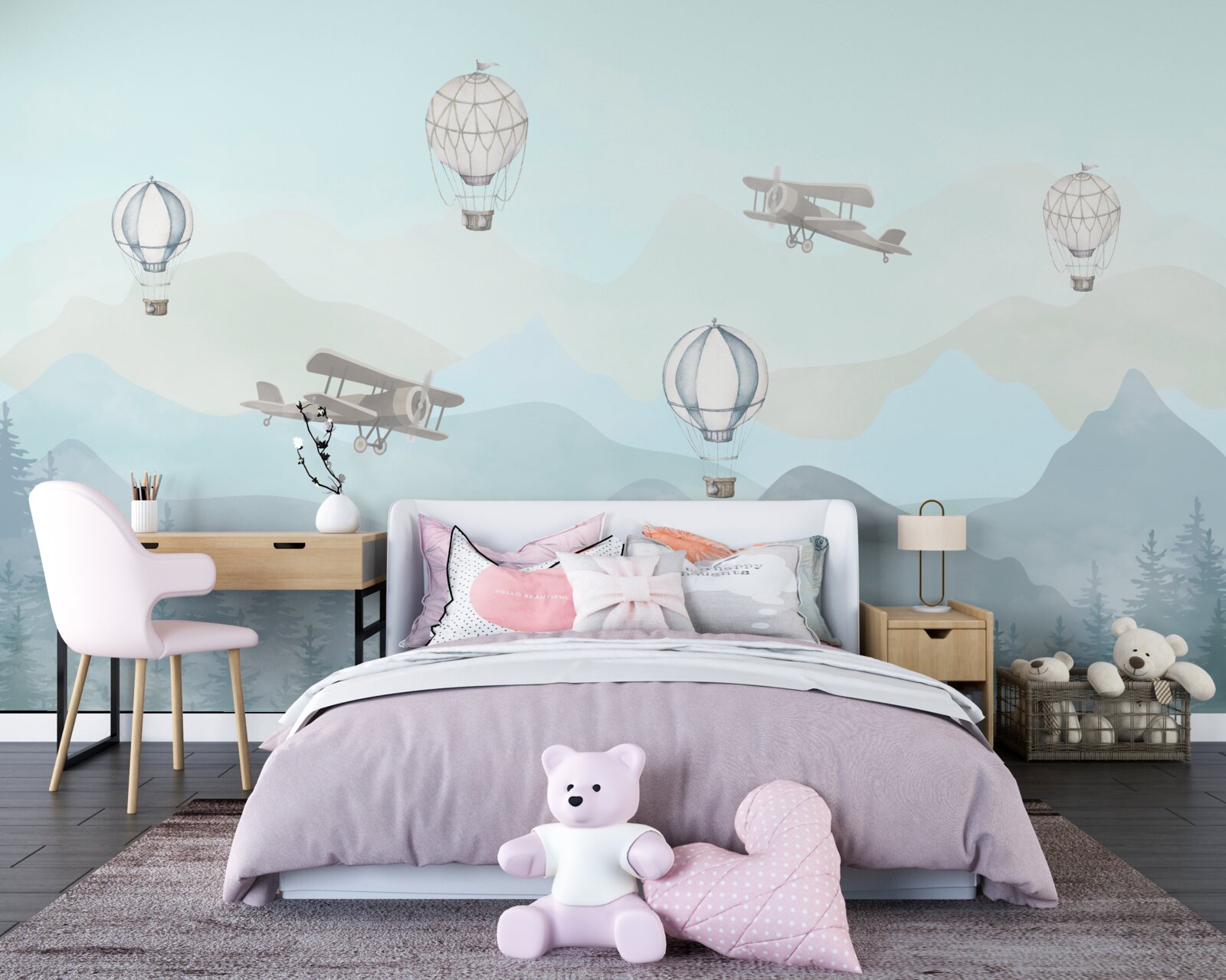 Fototapeta szczyty górskie, balony i samoloty na niebie